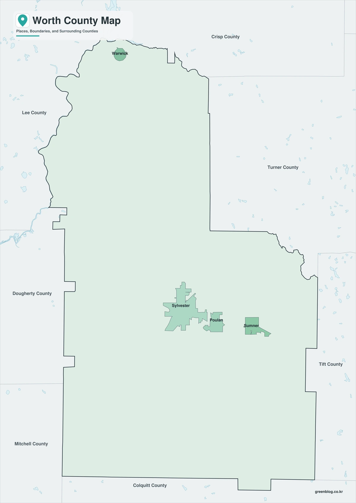 Worth County Georgia map with color black-and-white and outline versions