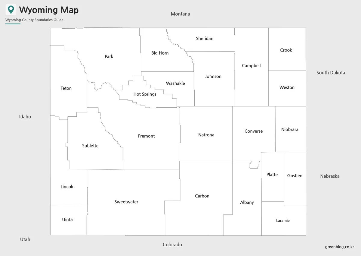 Printable black and white Wyoming map with clear boundary lines and major place labels
