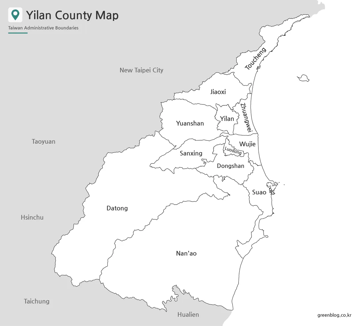 Printable Yilan County black and white map with city and township labels