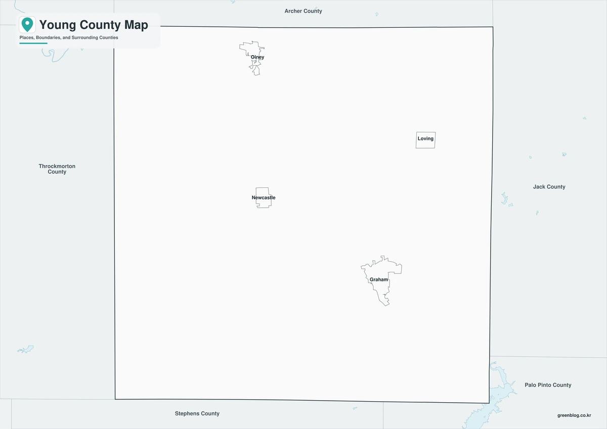 Black-and-white Young County map with selected place labels