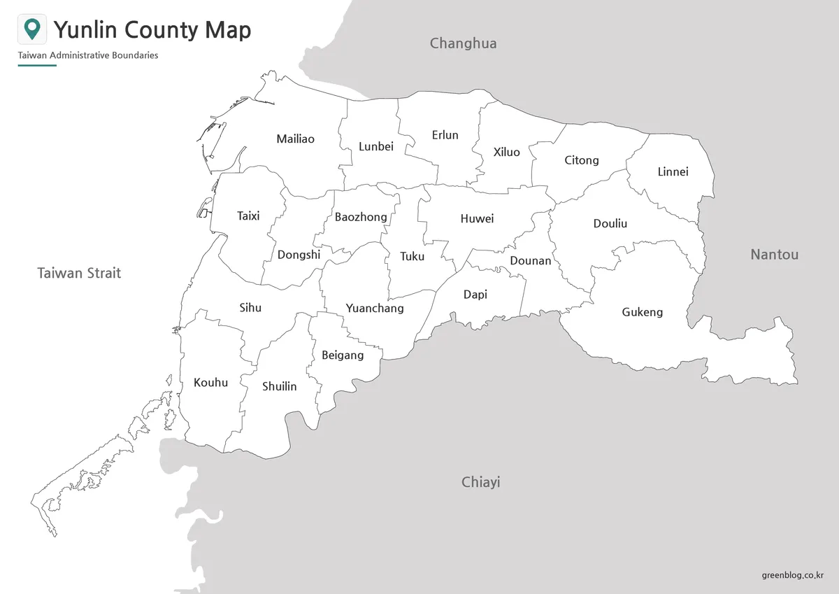 Printable black and white Yunlin County map with city and township boundaries