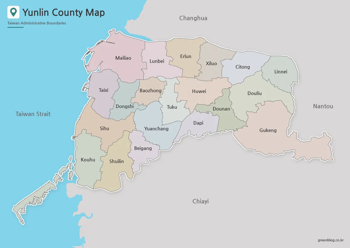 Yunlin County map with color-coded administrative divisions for printing and presentation use