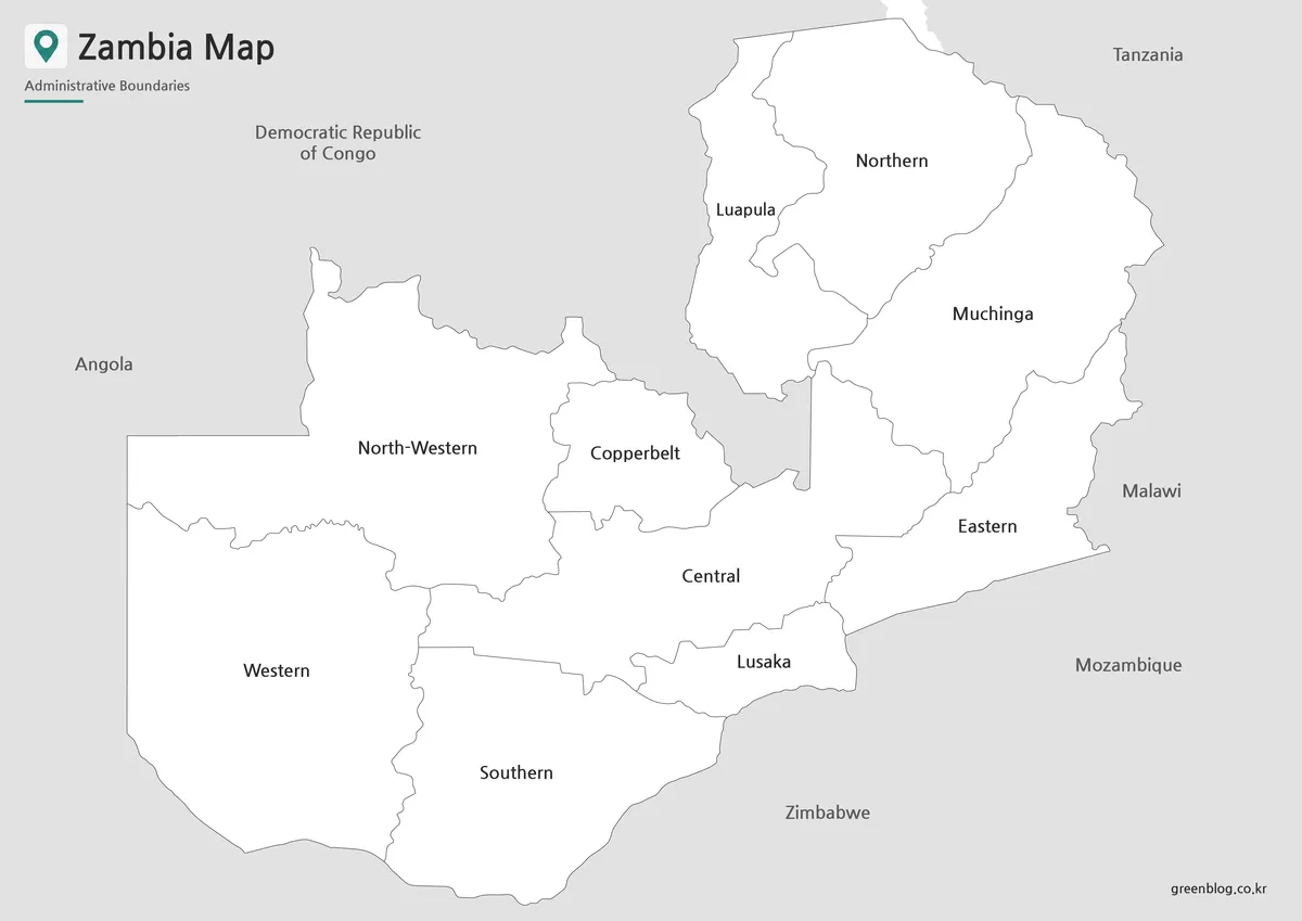 Printable black and white Zambia map with province labels and clean boundary lines
