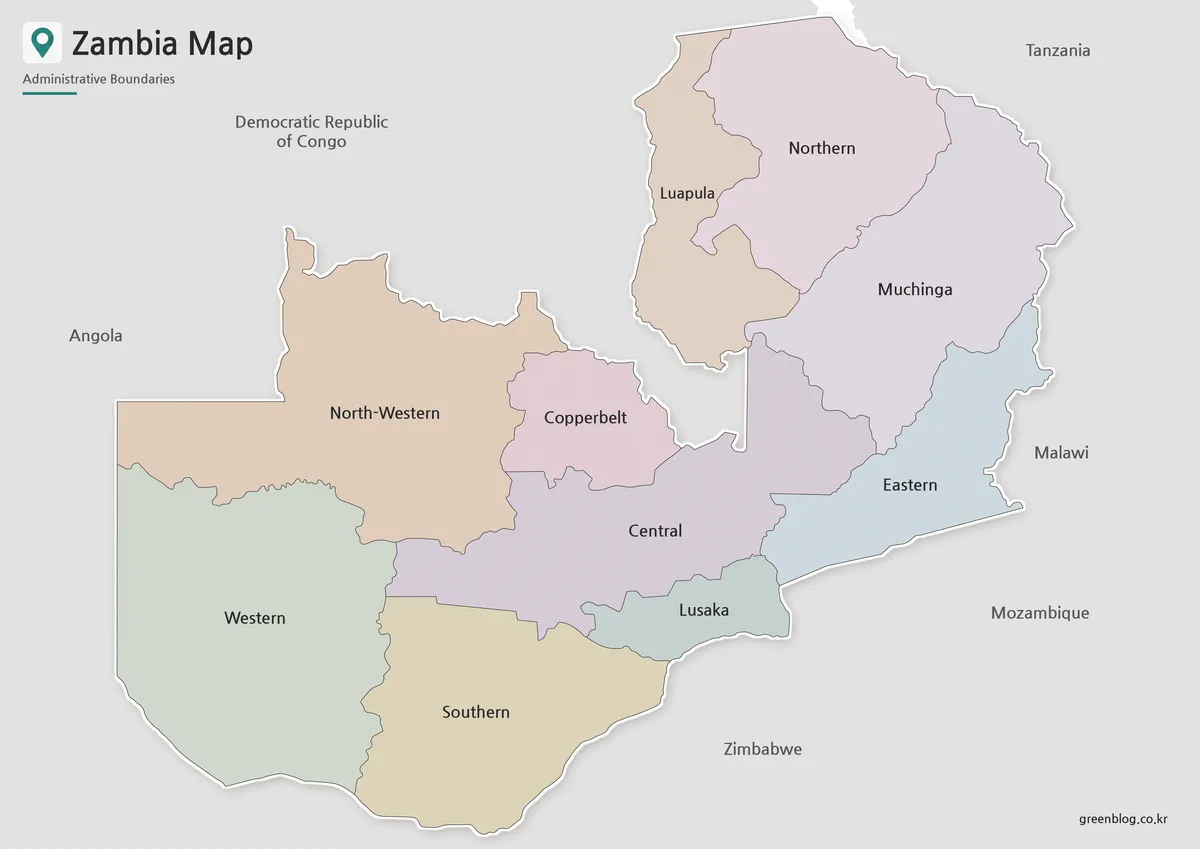 Zambia map download color version with province boundaries for printing and educational use
