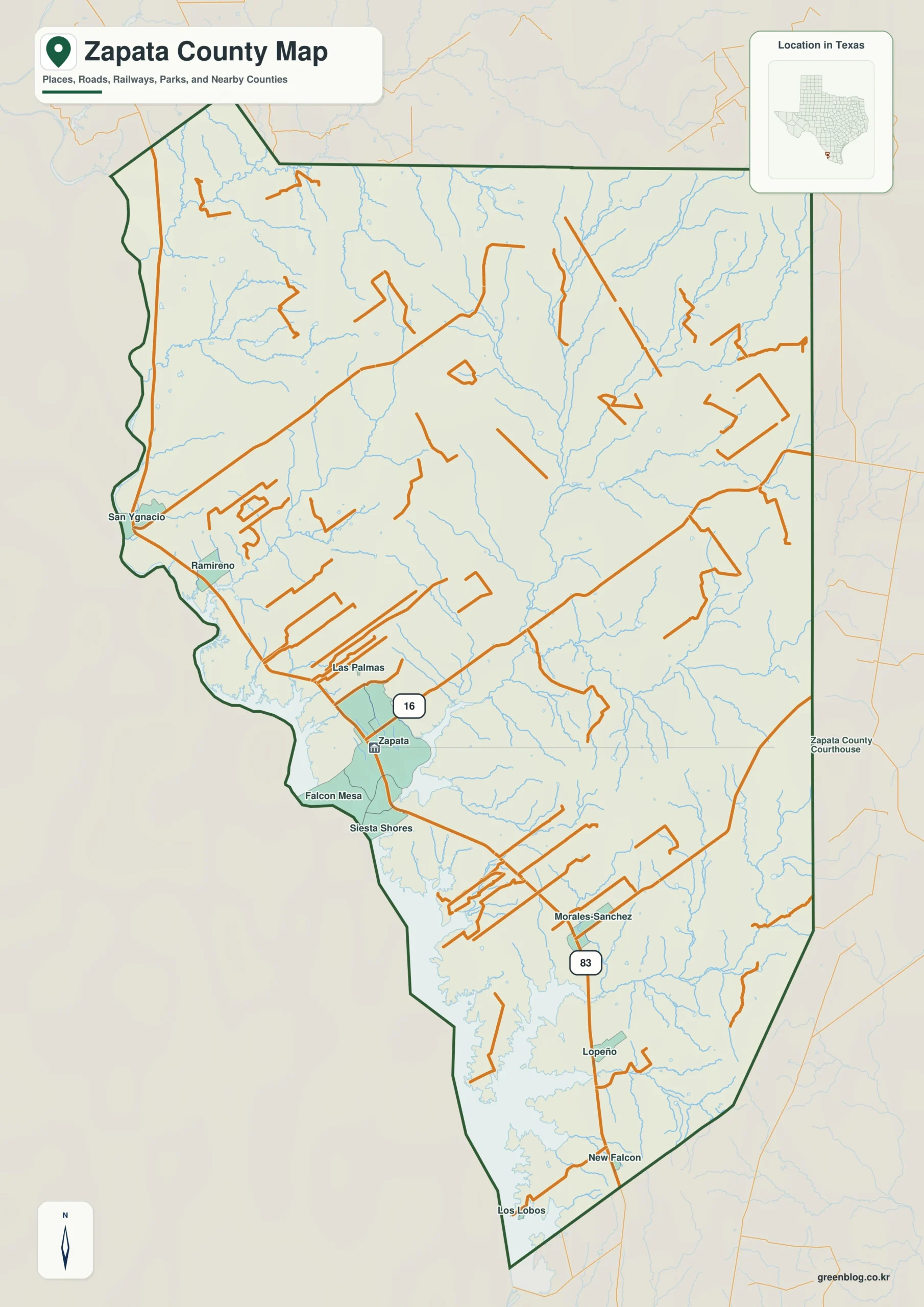 Zapata County Texas map showing Zapata, San Ygnacio, Falcon Lake Estates