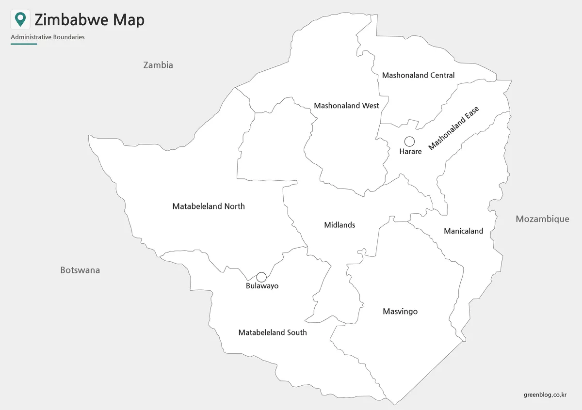 Printable black and white Zimbabwe map with province labels and clear boundary lines