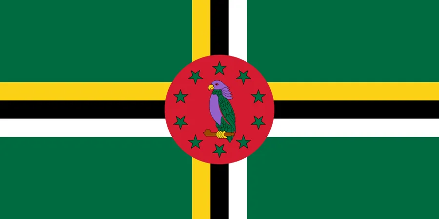 Green flag of Dominica with the Sisserou parrot and ten stars