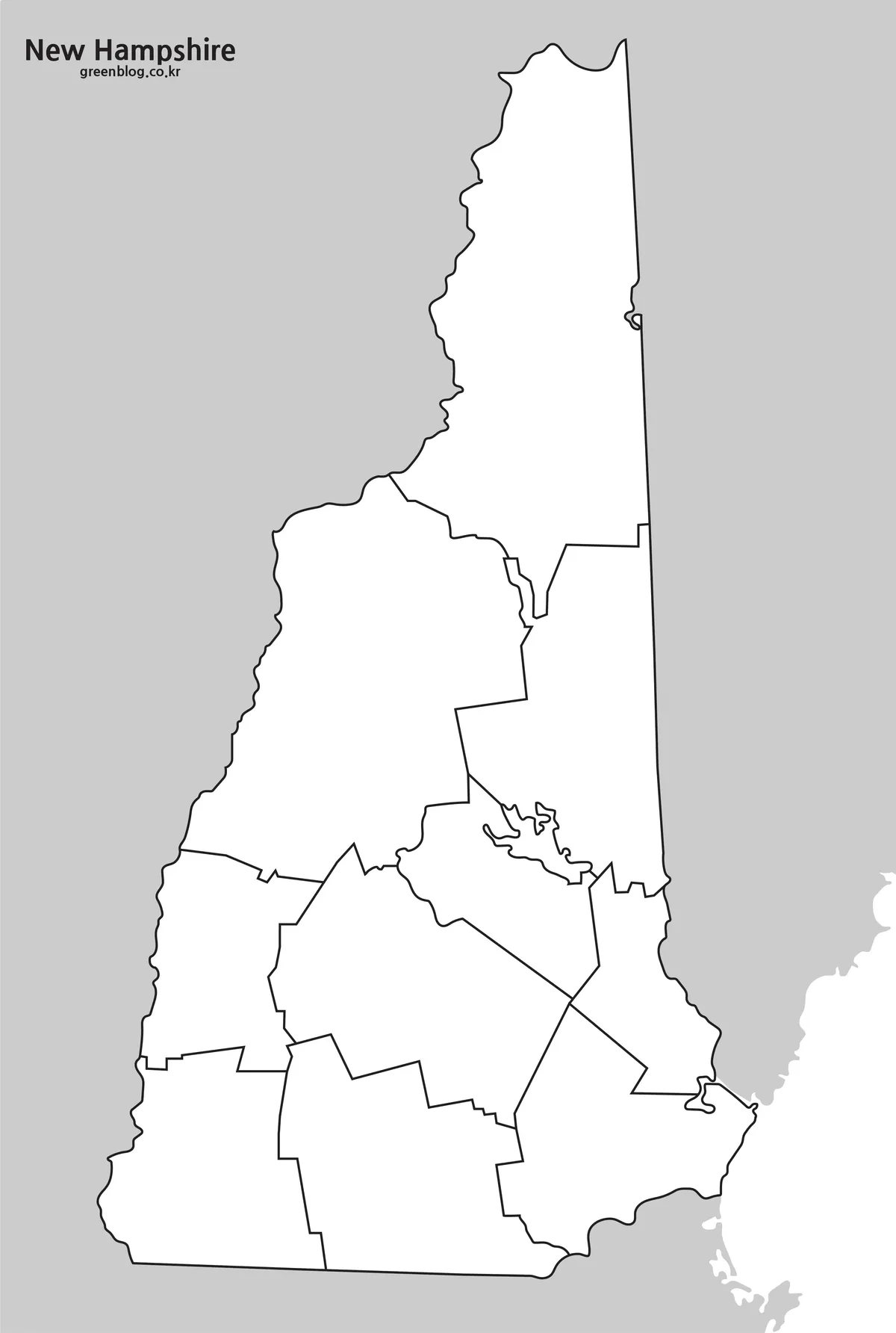 New Hampshire outline map with county boundary lines for editing, coloring, and infographic projects.