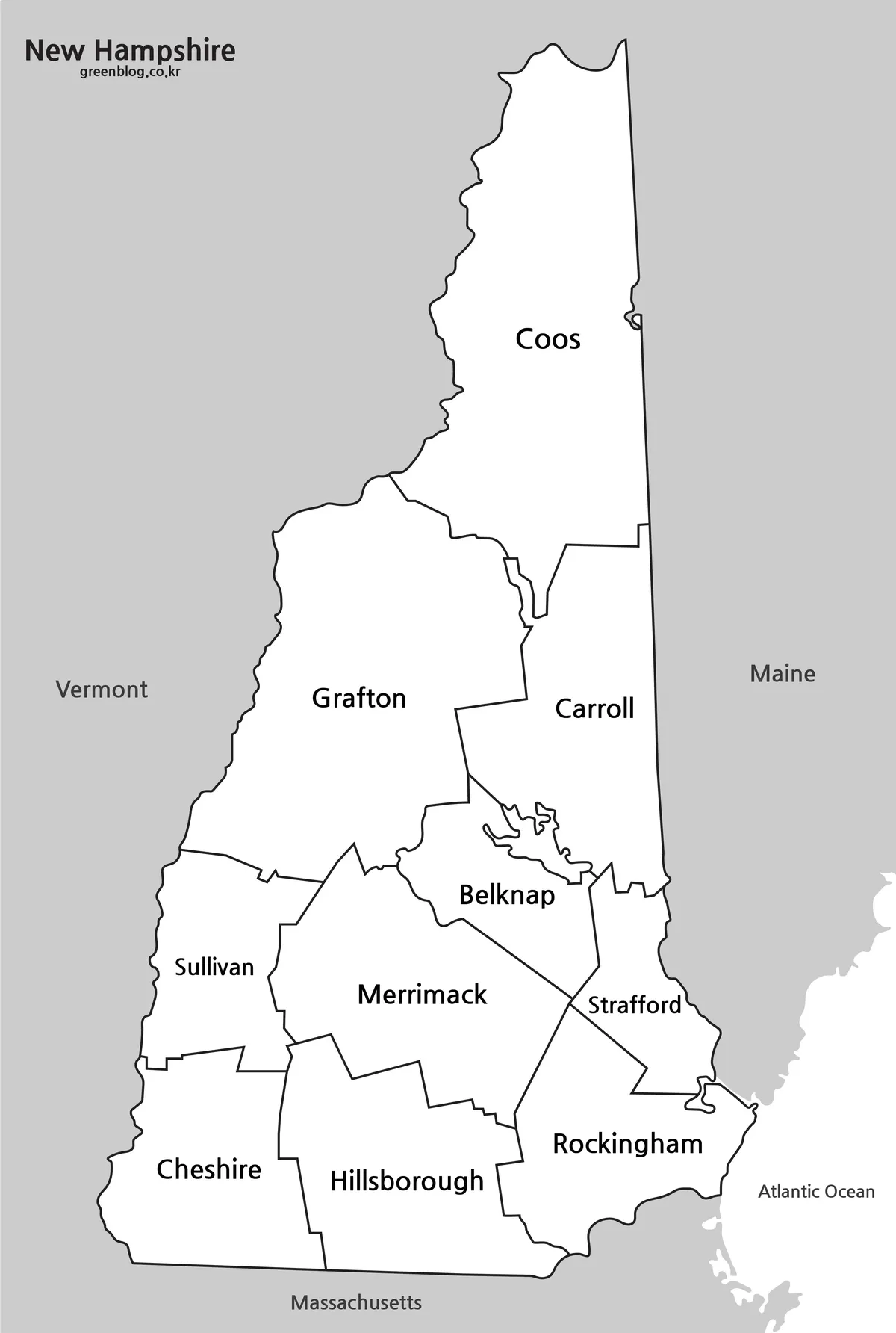 Printable New Hampshire black and white map with labeled county boundaries.