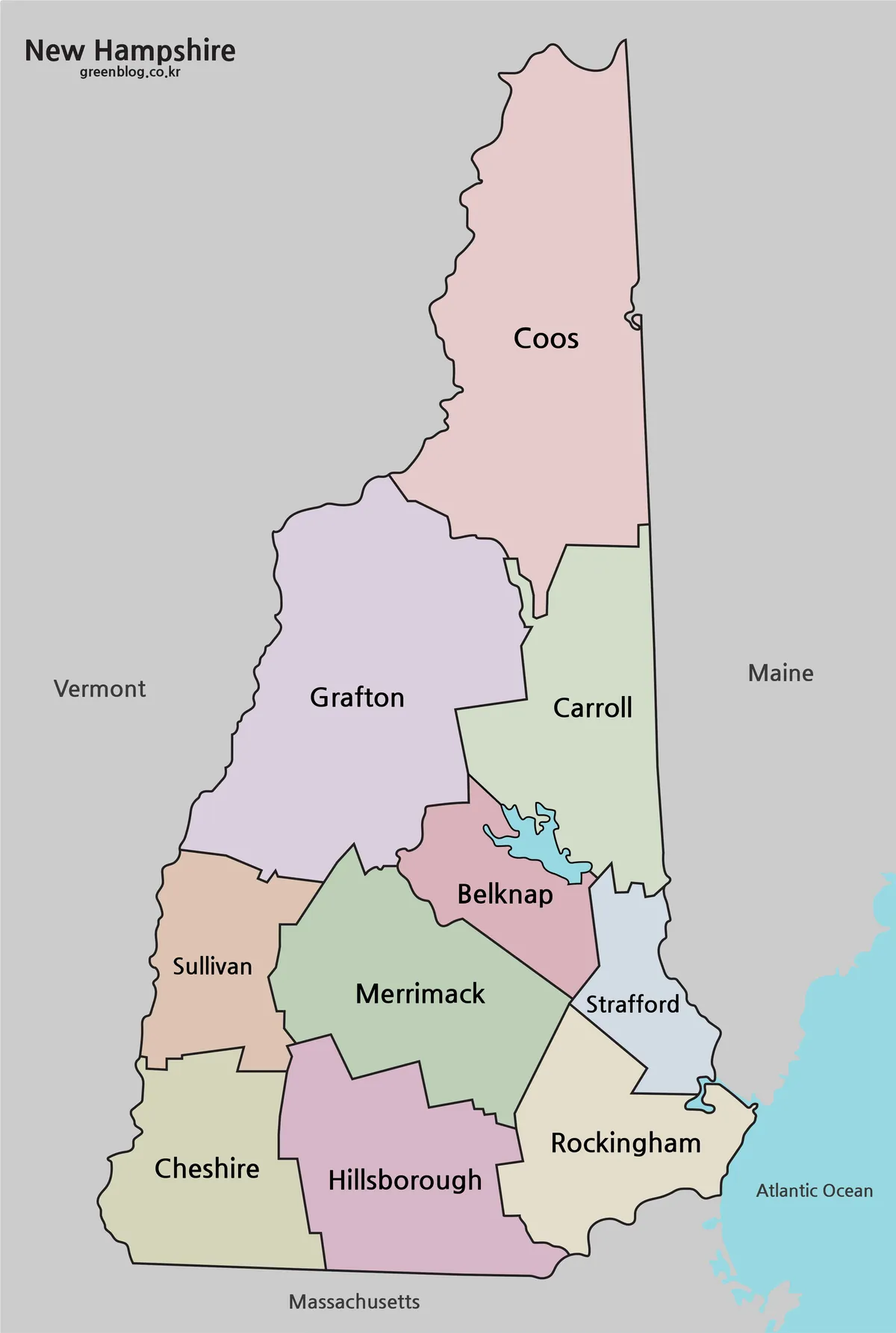 High-resolution New Hampshire map showing county boundaries in color for presentation and classroom use.