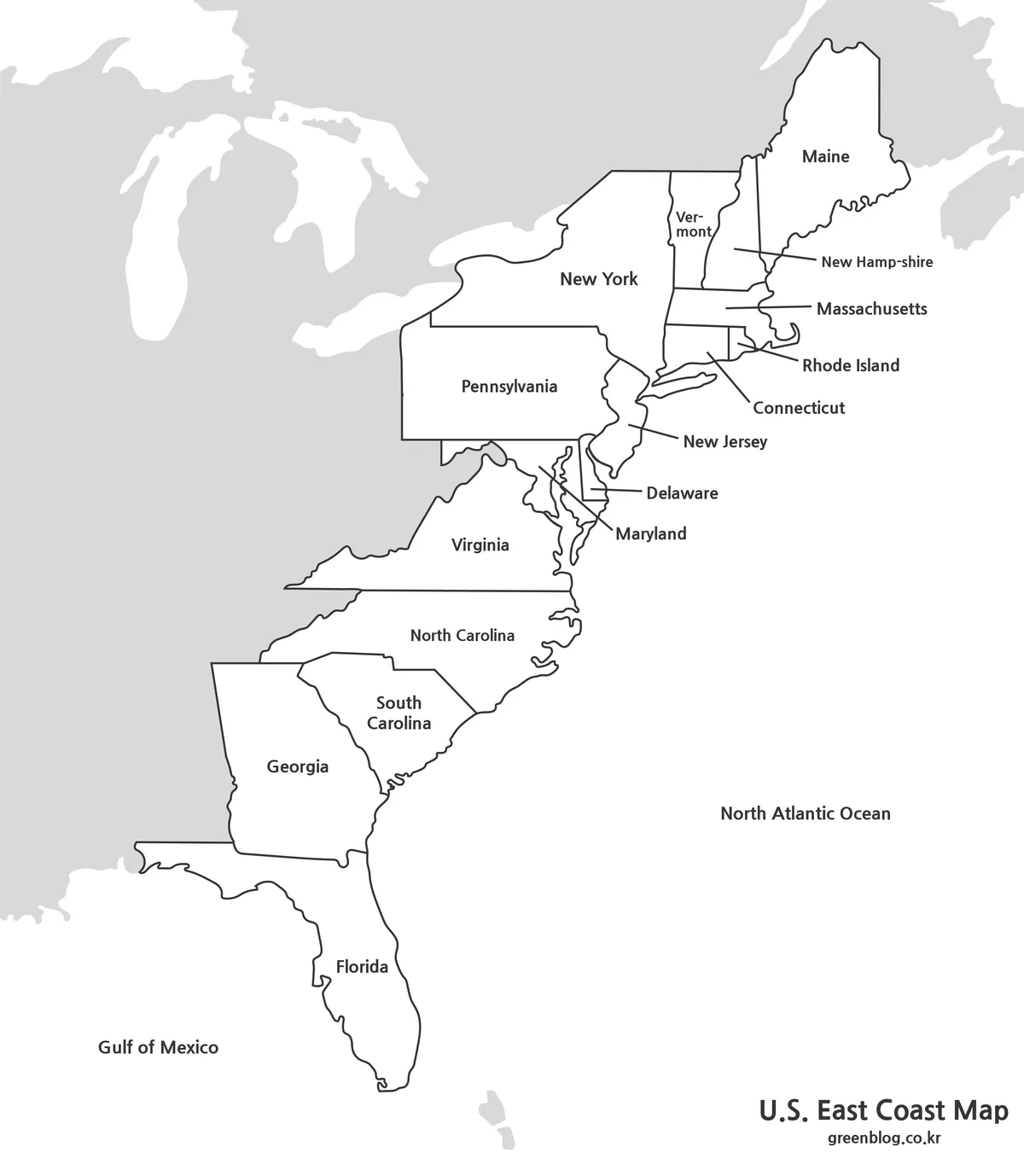 Black and white US East Coast map with state boundaries for printing.