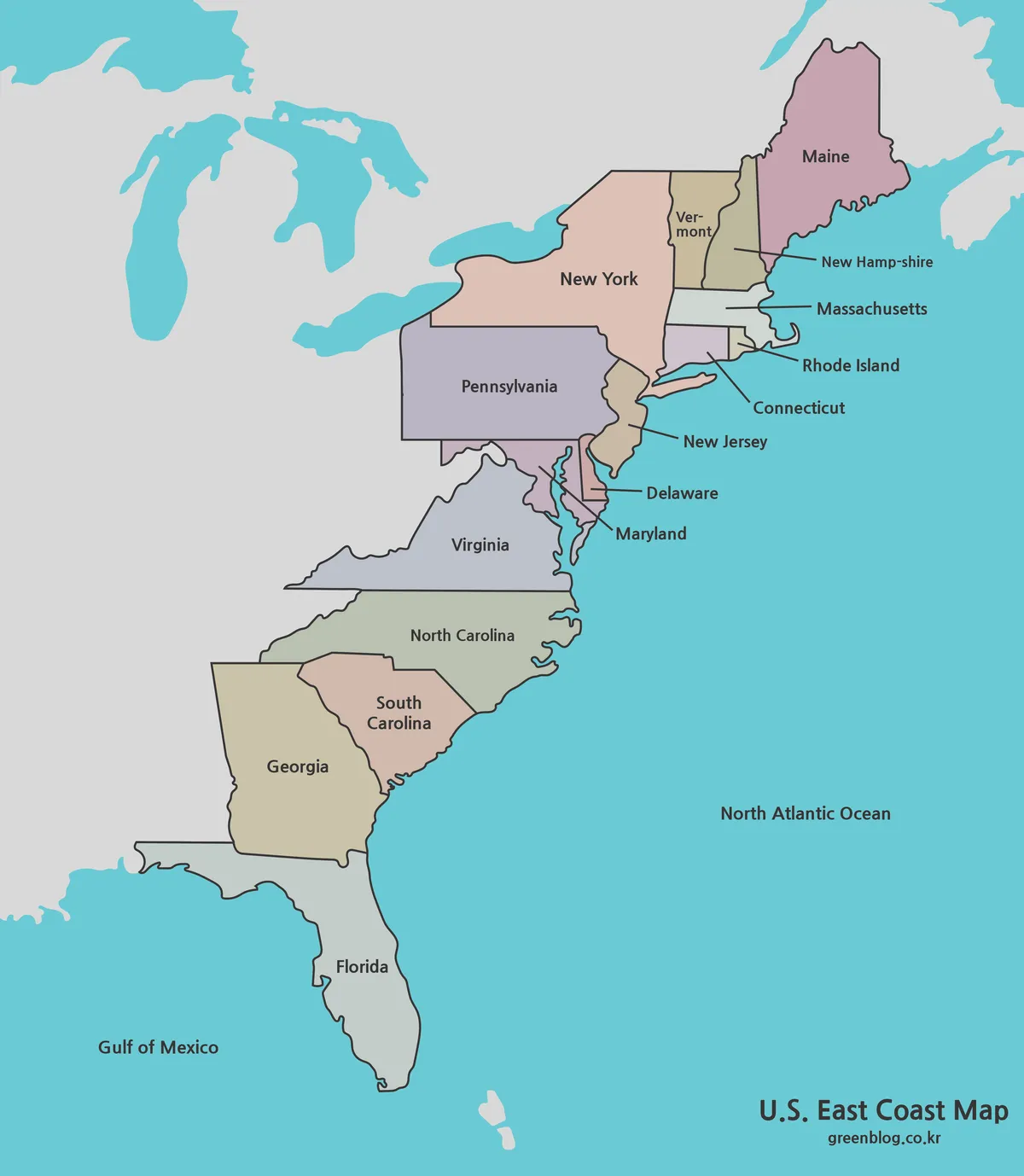 Printable US East Coast map with color-coded Atlantic coastal states.