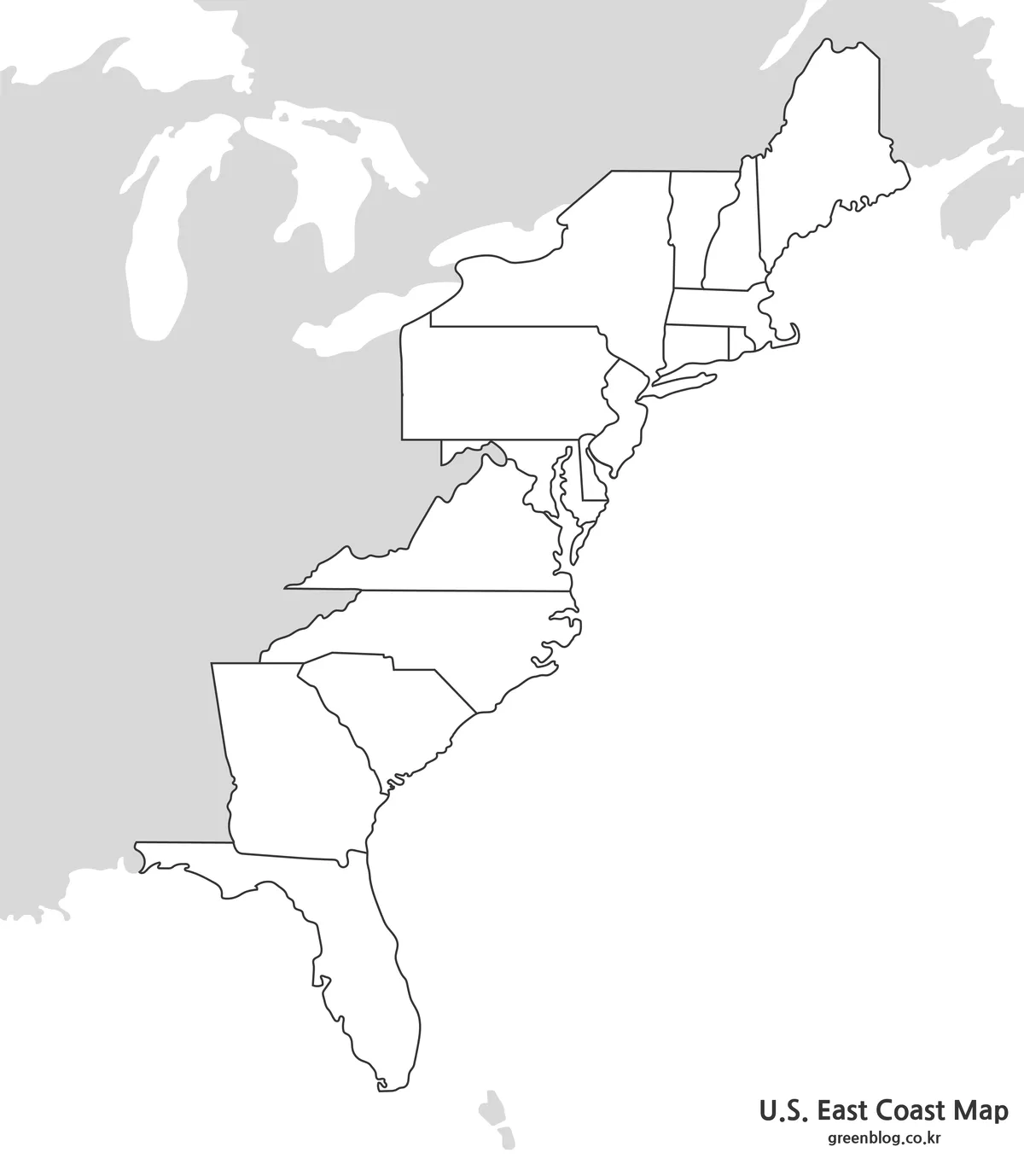 US East Coast outline map for editing, route marking, and classroom use.