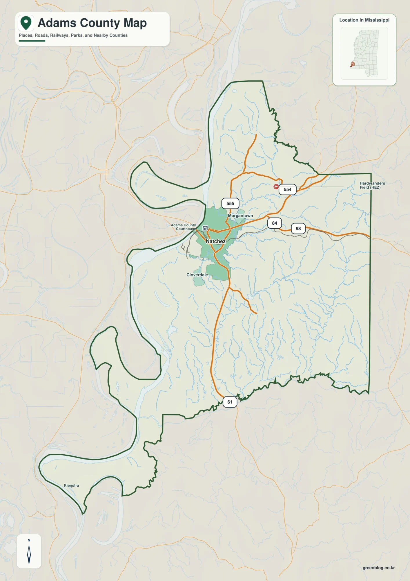 미시시피주 애덤스 카운티 지도 - Natchez, 주요 지역, 도로 및 자연 지형