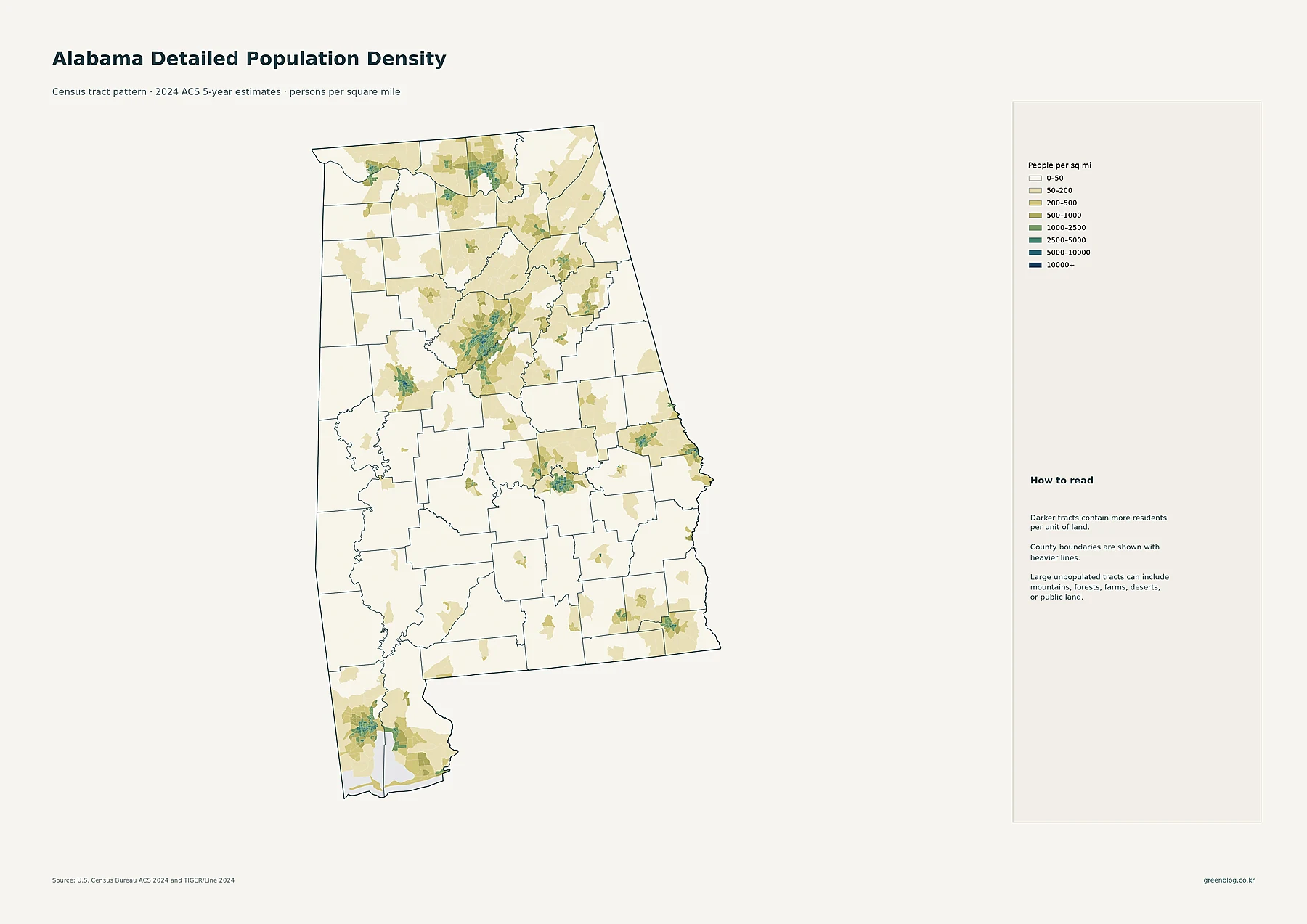 Detailed 2024 Alabama census tract population density map