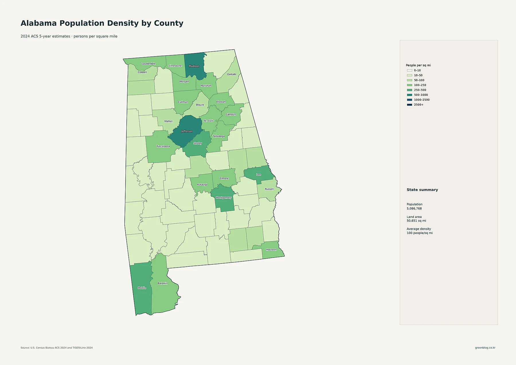 Alabama 2024 population density by county choropleth map
