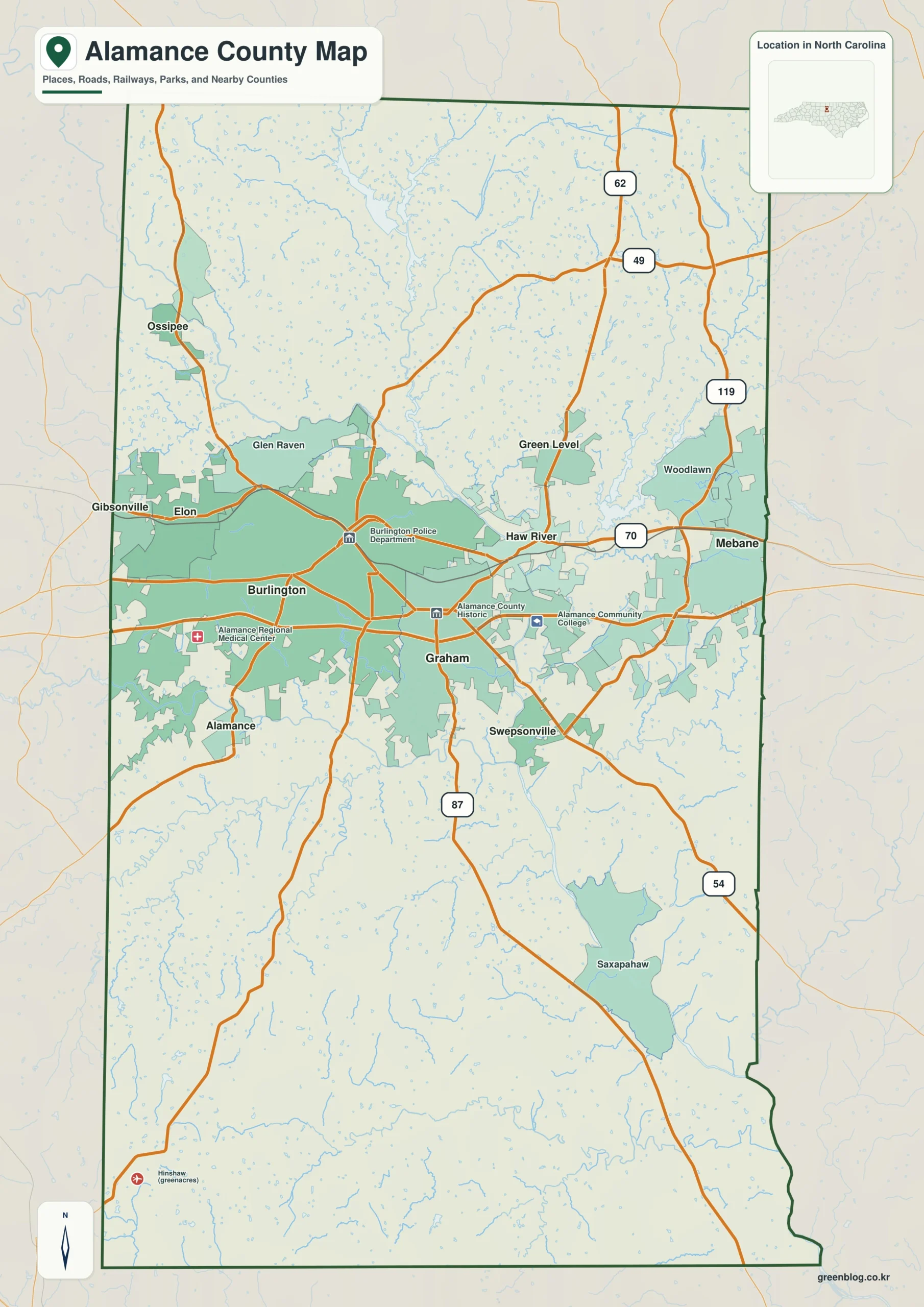 Alamance County North Carolina map with Graham and Haw River