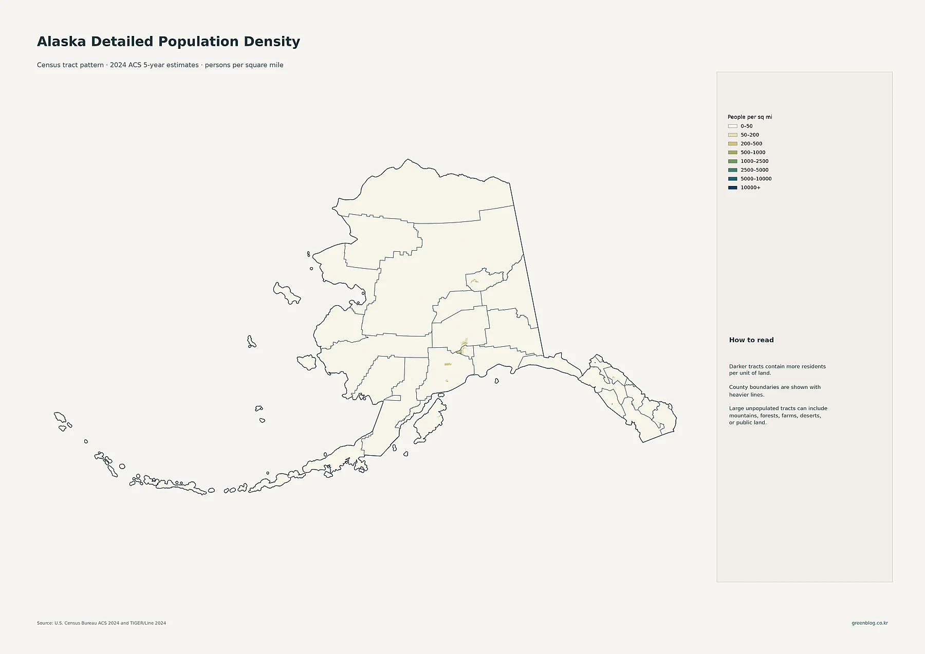 Detailed Alaska population density by census tract using 2024 ACS 5-year estimates