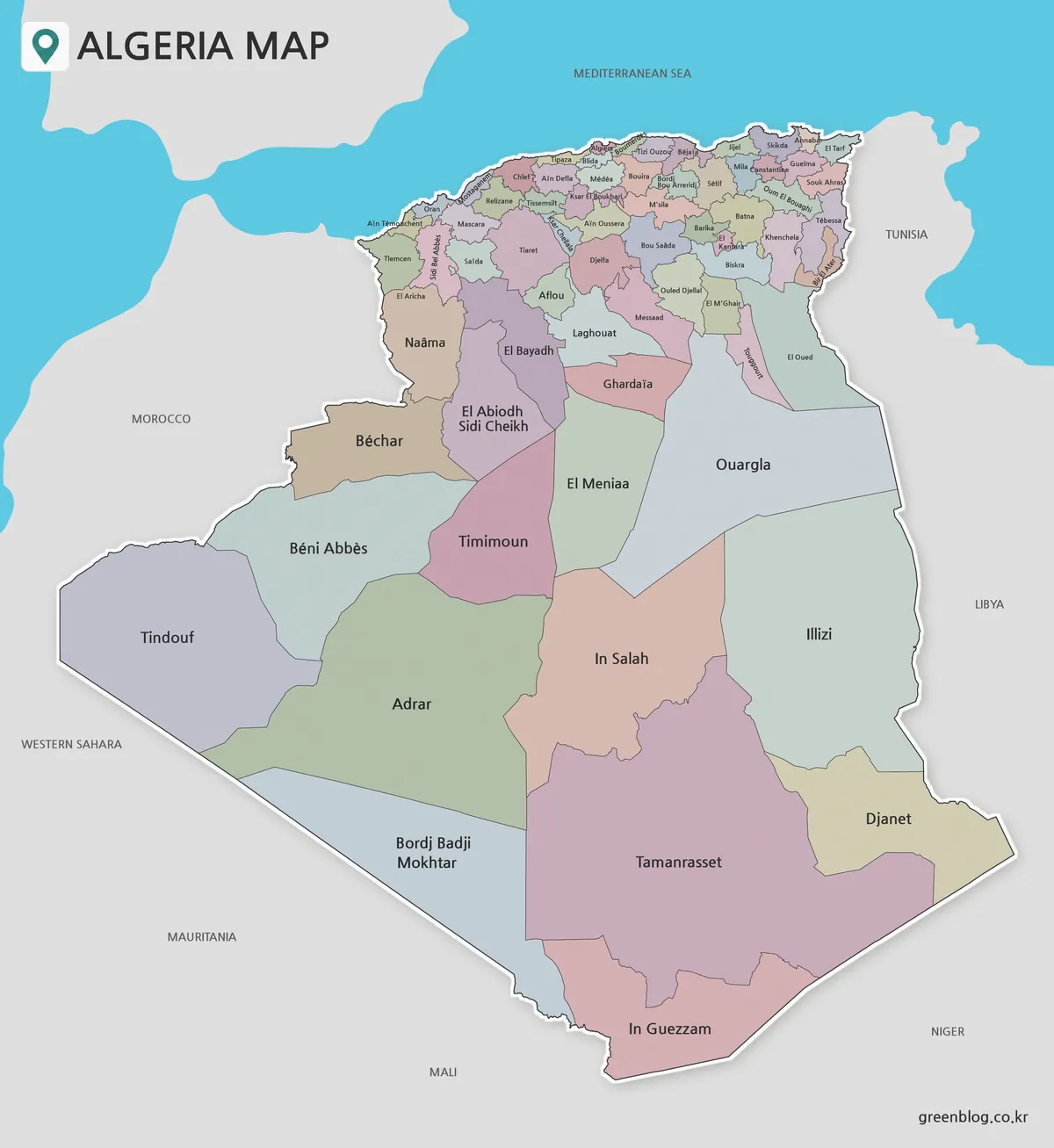 Color-coded map of Algeria showing the 2026 provincial divisions from the Mediterranean coast to the Sahara