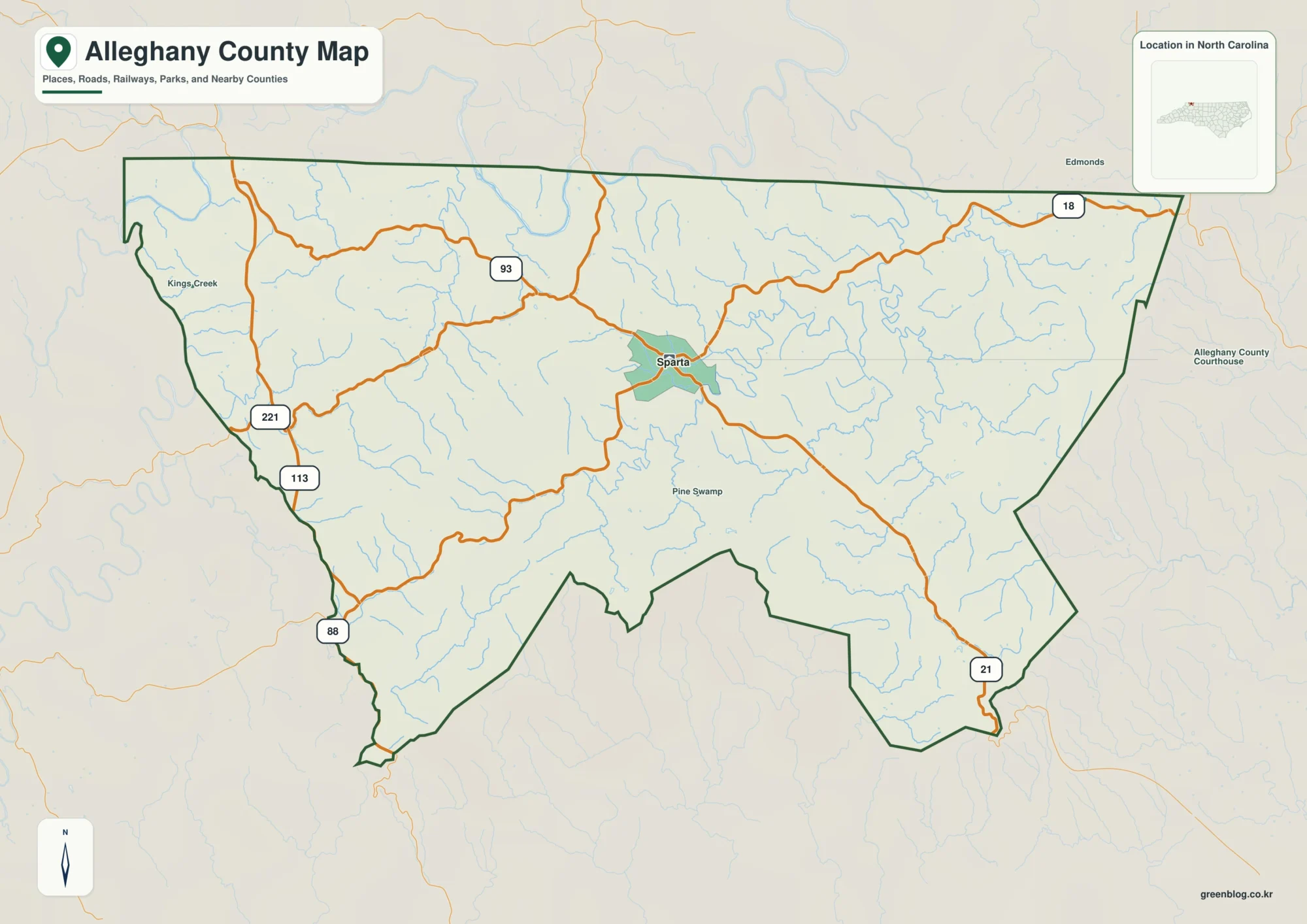 Alleghany County North Carolina map with Sparta and New River