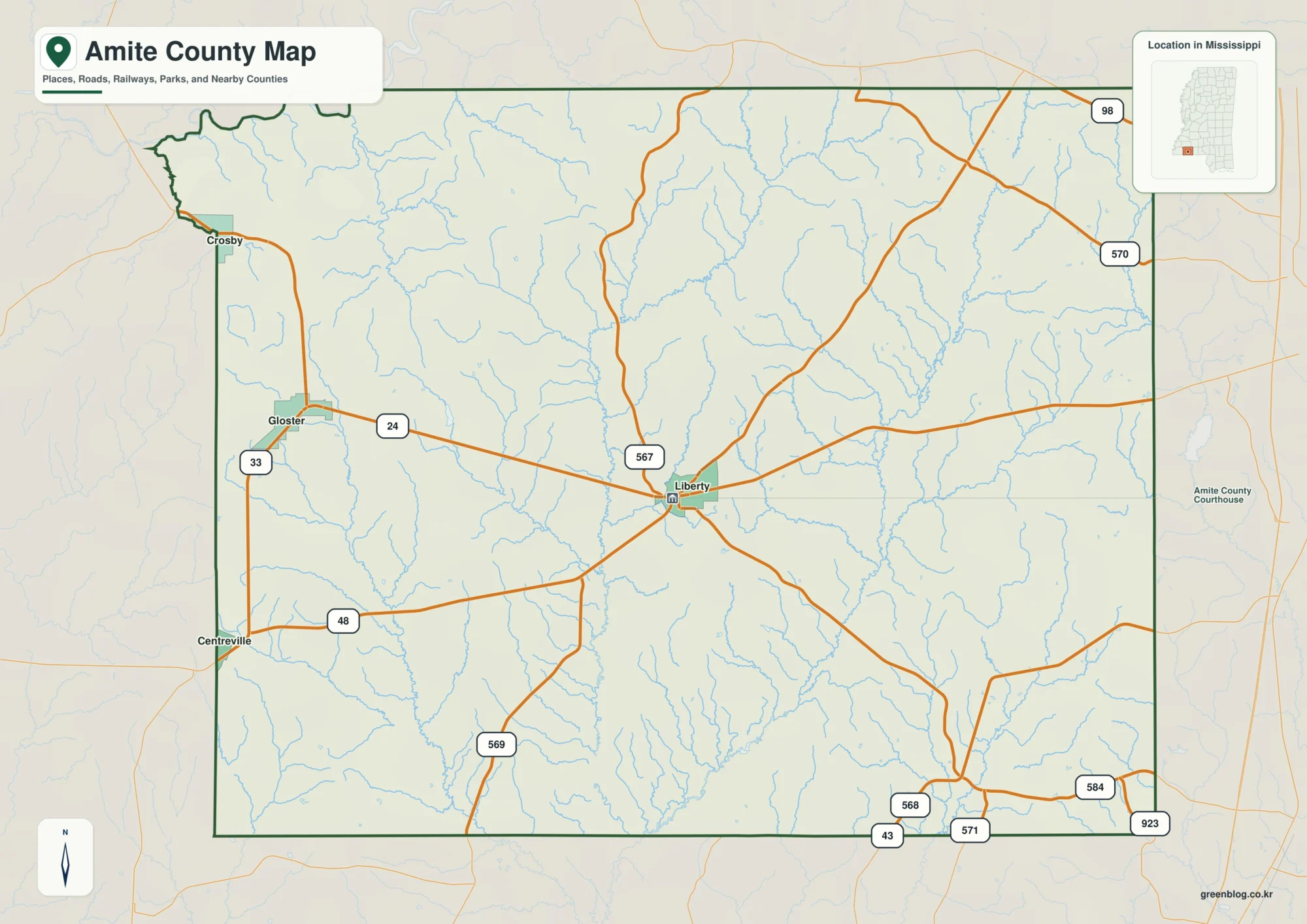 Amite County Mississippi map showing Liberty, selected communities, roads, and natural features
