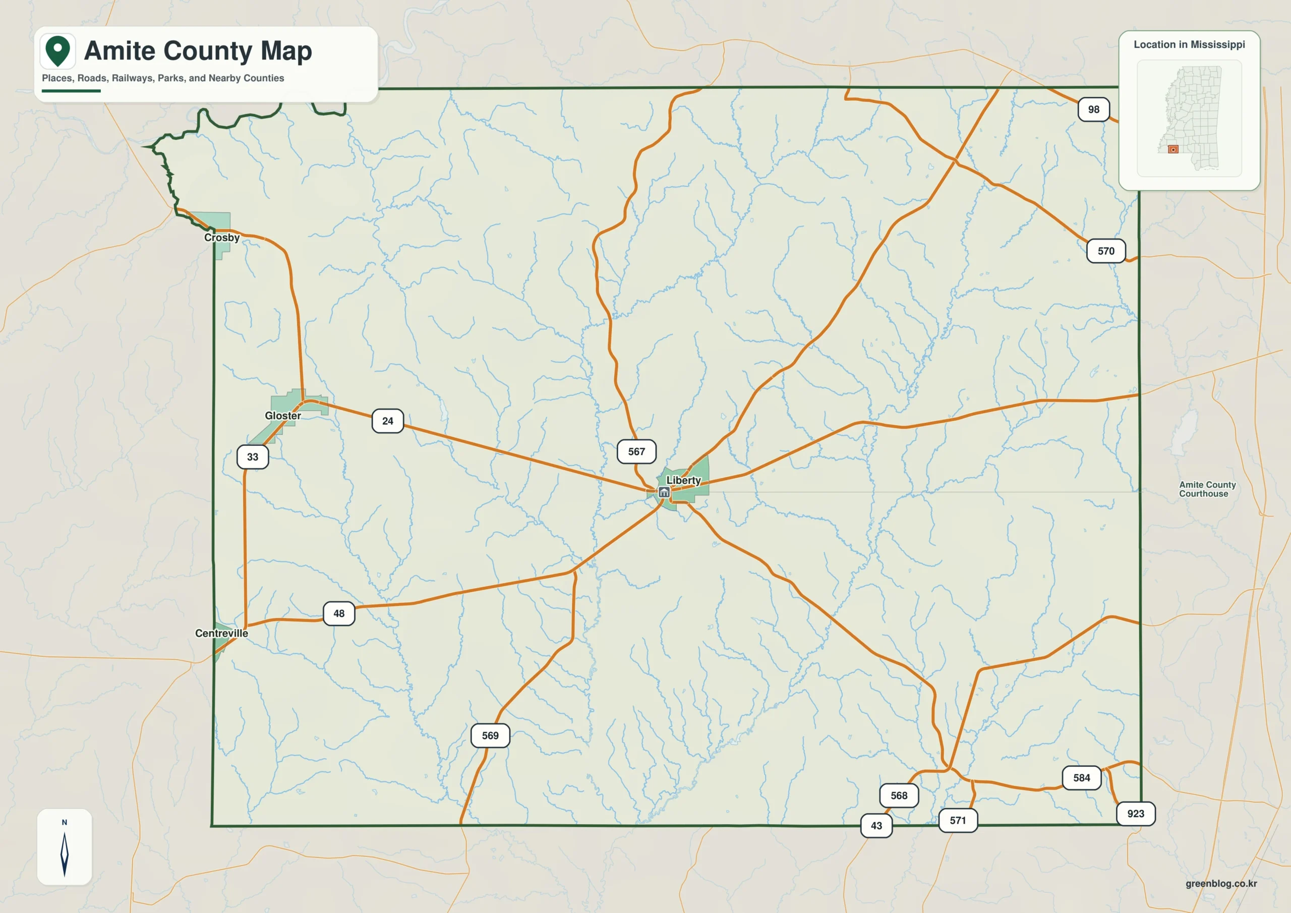 Amite County Mississippi map showing Liberty, selected communities, roads, and natural features