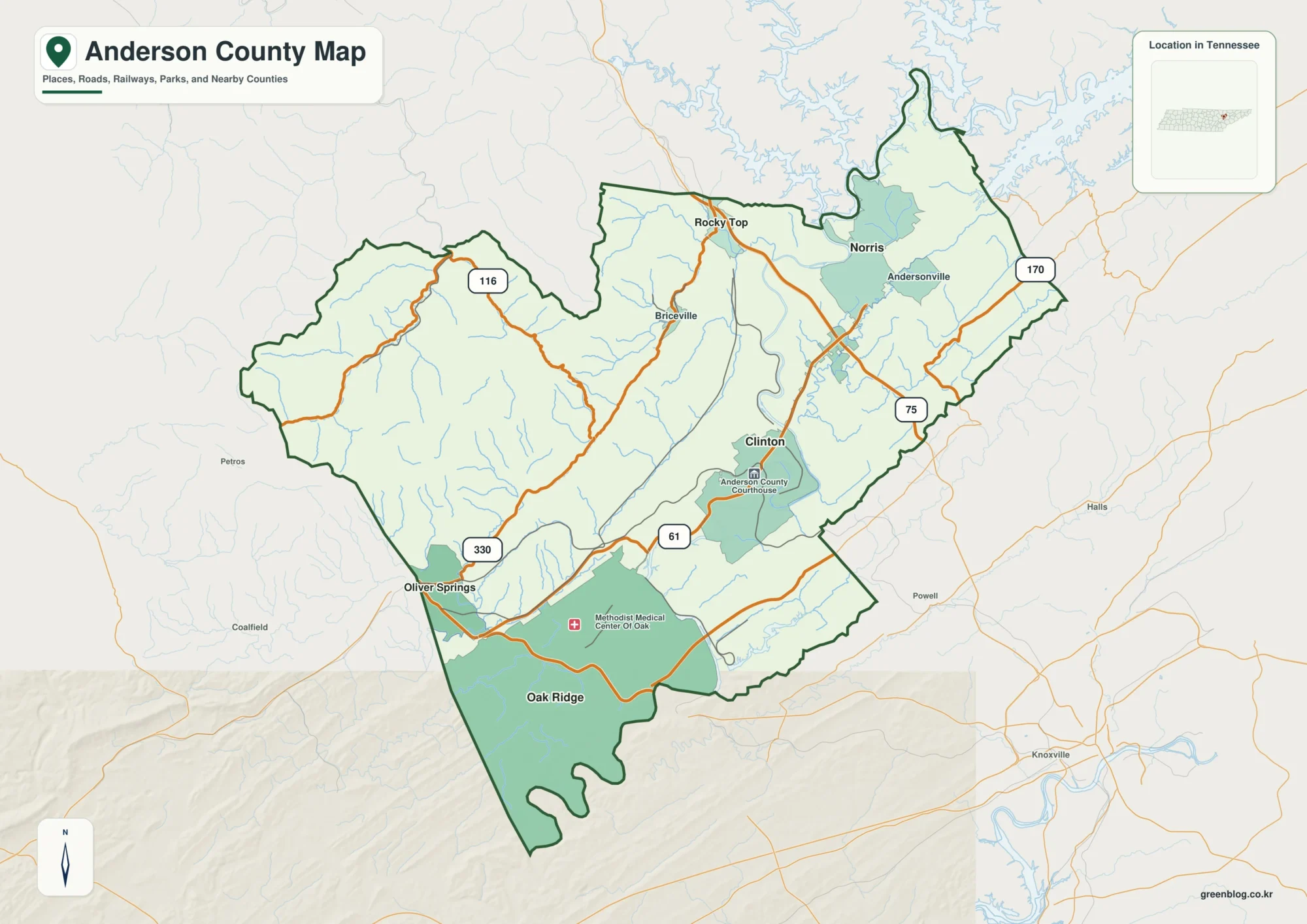 Anderson County Tennessee map showing Clinton, selected communities, roads, and natural features