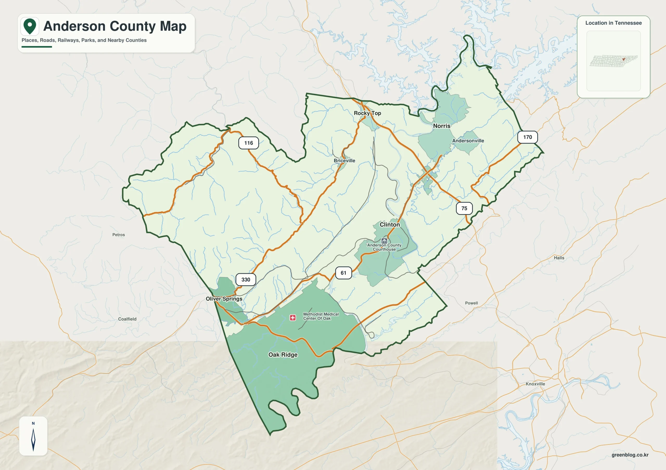 Anderson County Tennessee map showing Clinton, selected communities, roads, and natural features