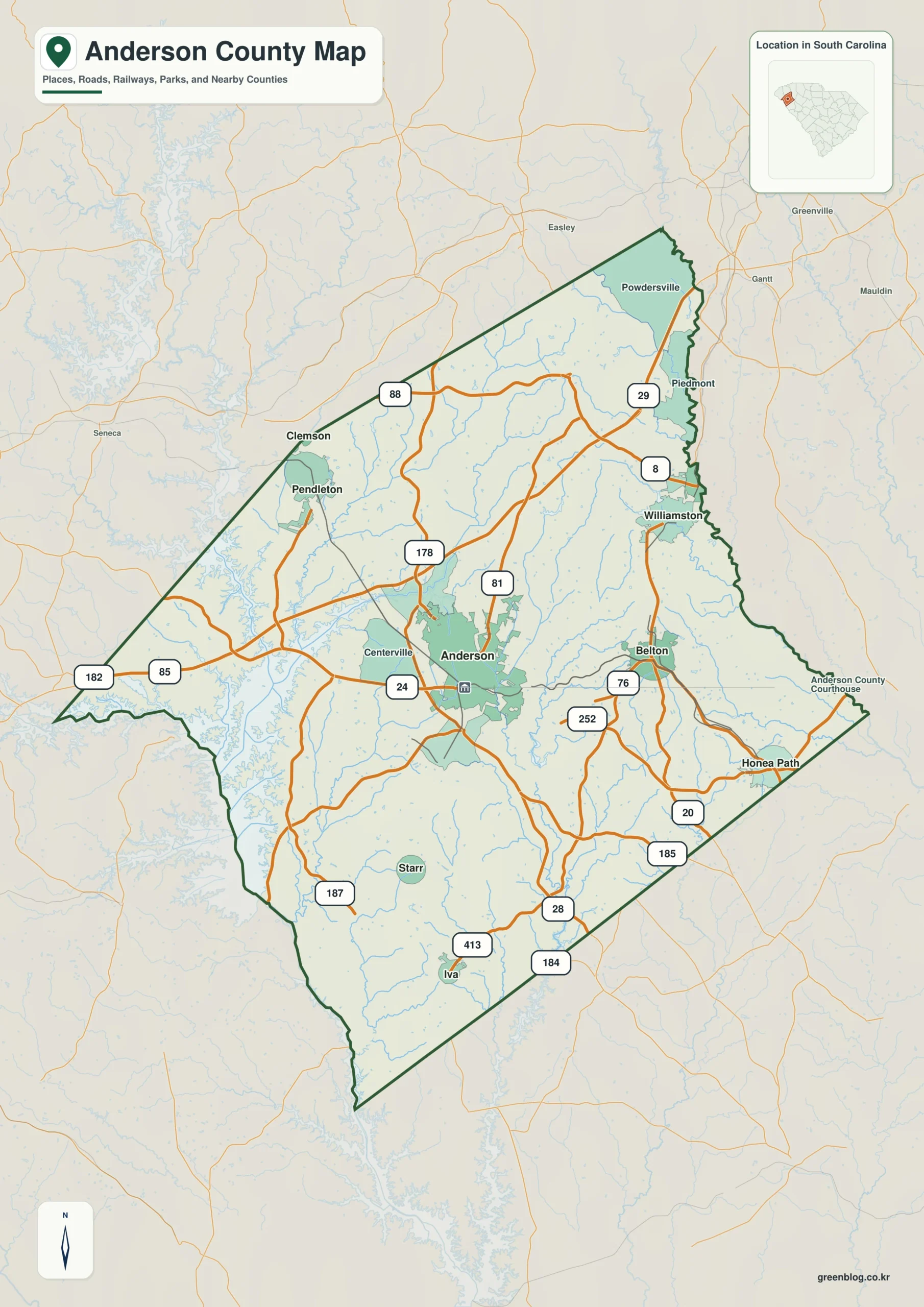 Anderson County South Carolina map with the county boundary and reference names for Anderson and Belton