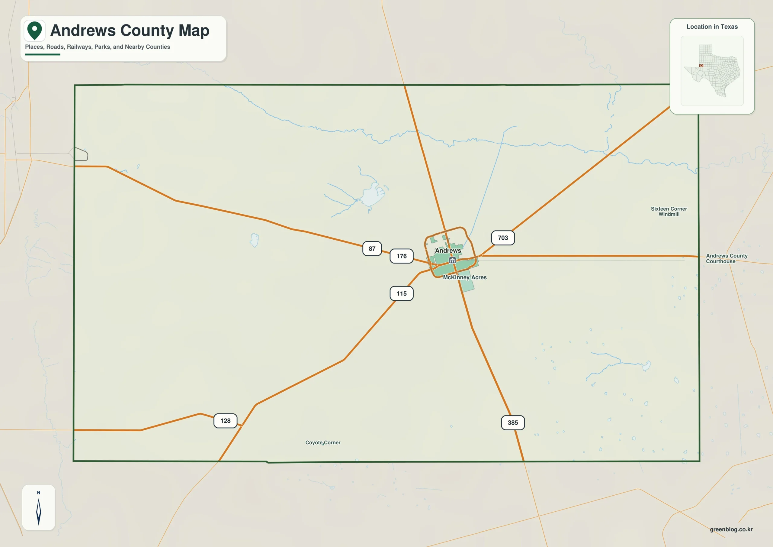 Andrews County Texas map showing Andrews, Florey