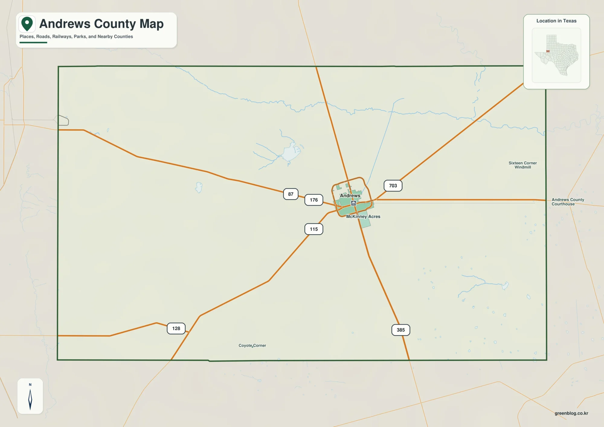 앤드루스 카운티 Andrews County 텍사스 지도에 앤드루스, 플로리가 표시된 지도