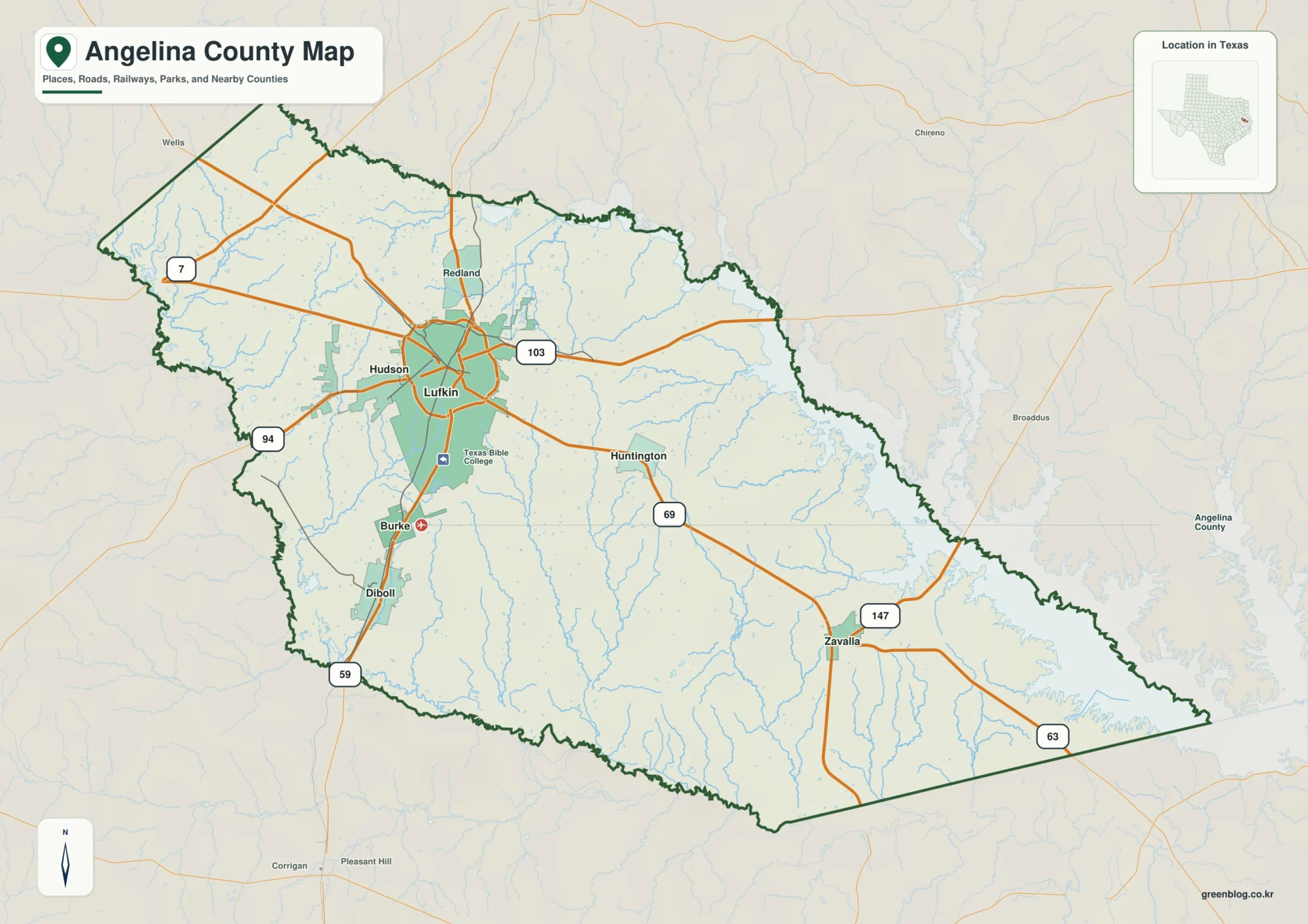 Angelina County Texas map showing Lufkin, Diboll, Hudson