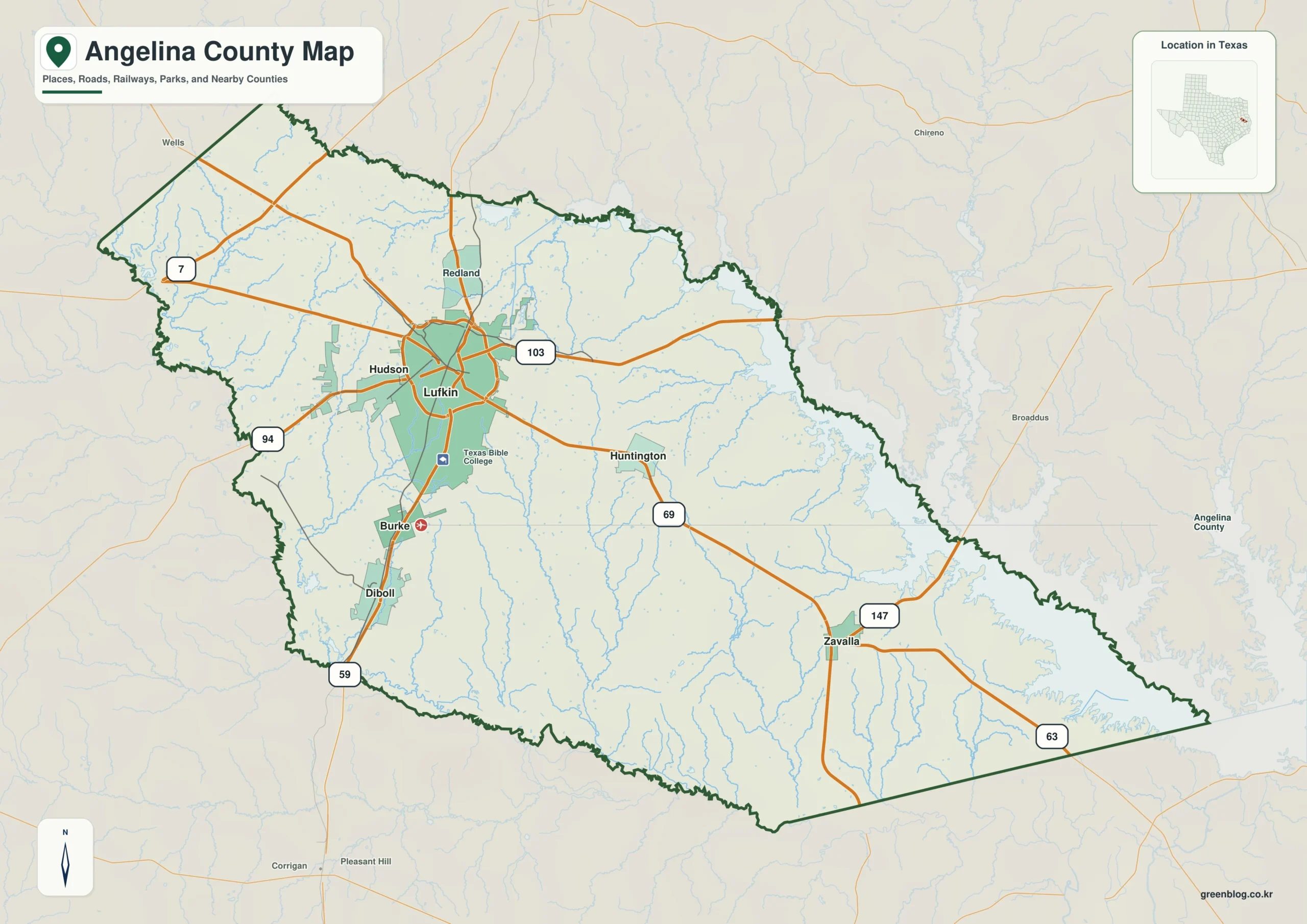 앤젤리나 카운티 Angelina County 텍사스 지도에 러프킨, 디볼, 허드슨가 표시된 지도