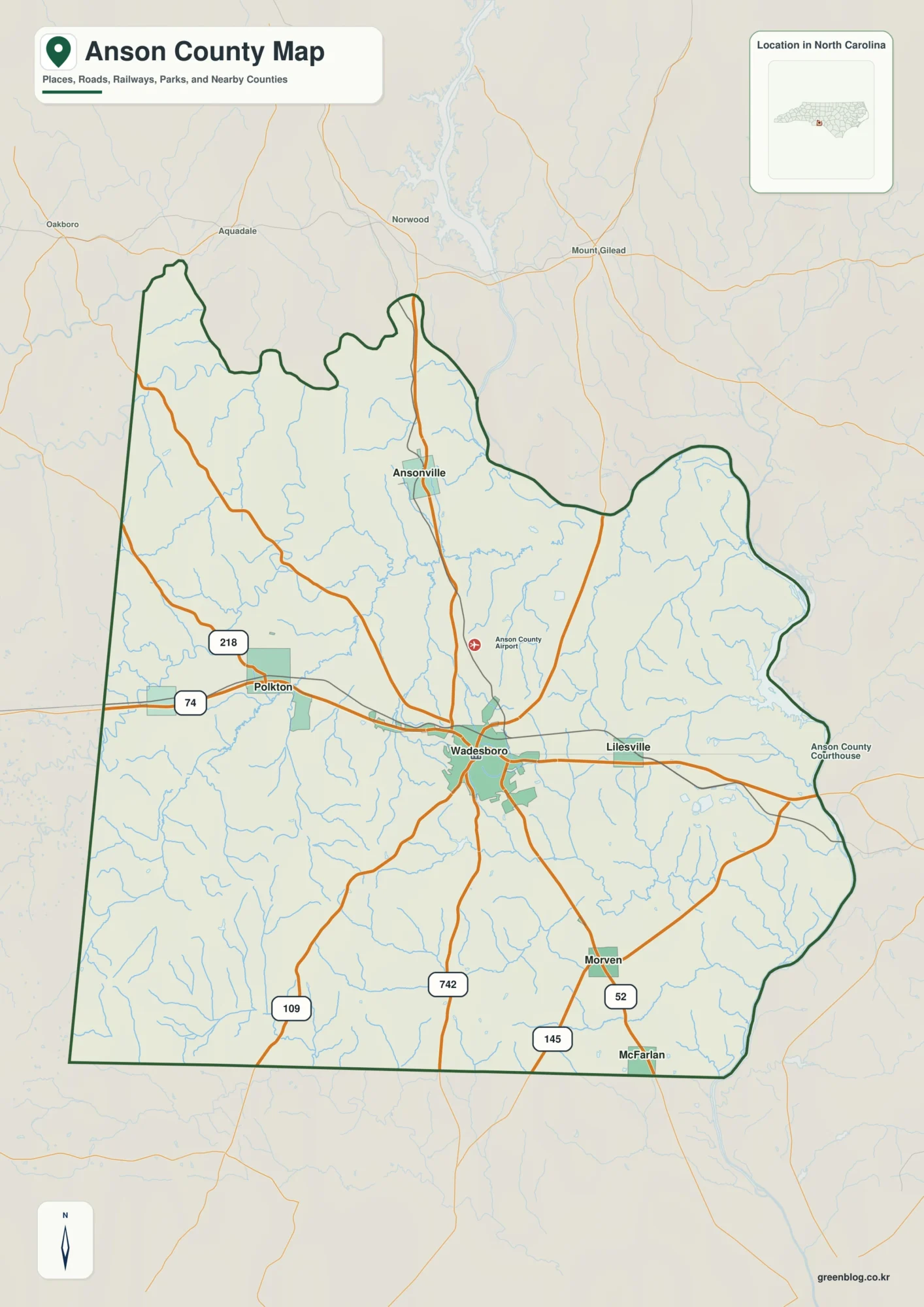 Anson County North Carolina map with Wadesboro and Pee Dee River