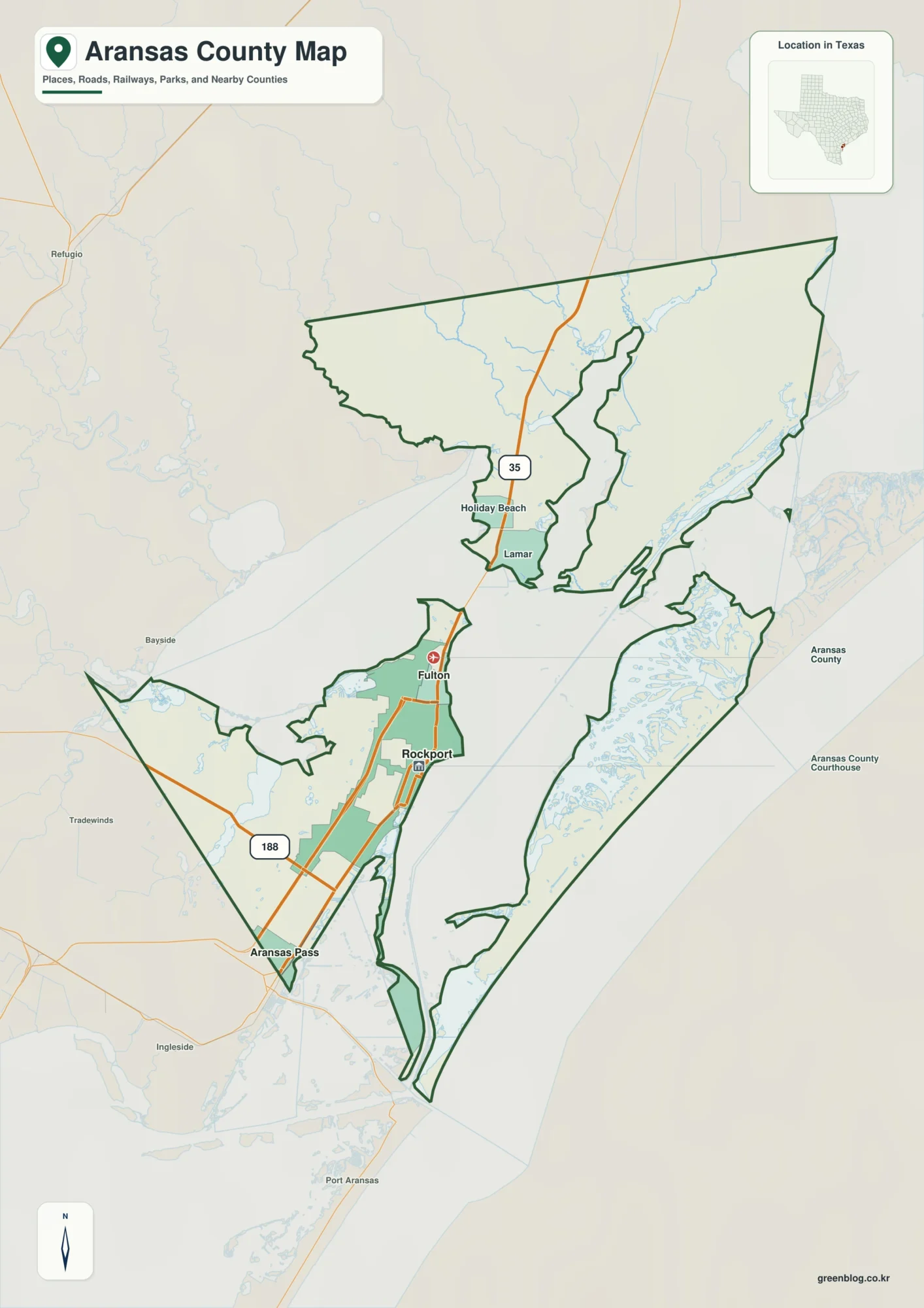아란사스 카운티 Aransas County 텍사스 지도에 록포트, 풀턴, 라마가 표시된 지도