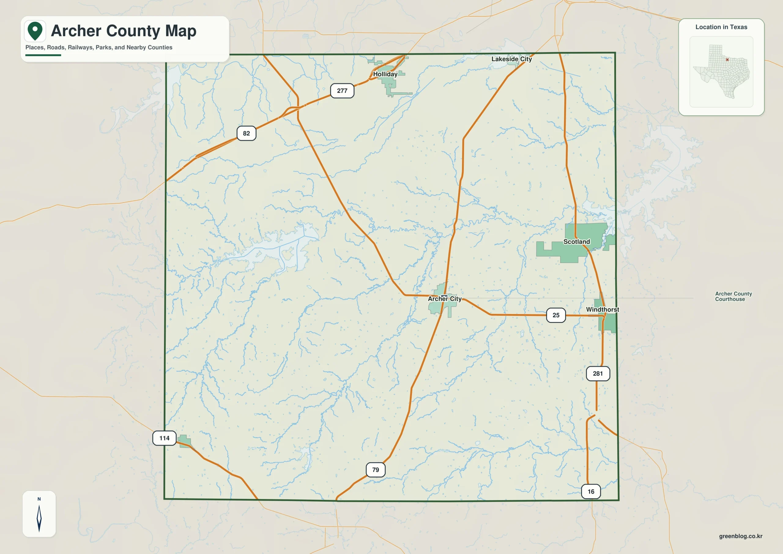 Archer County Texas map showing Archer City, Holliday, Scotland