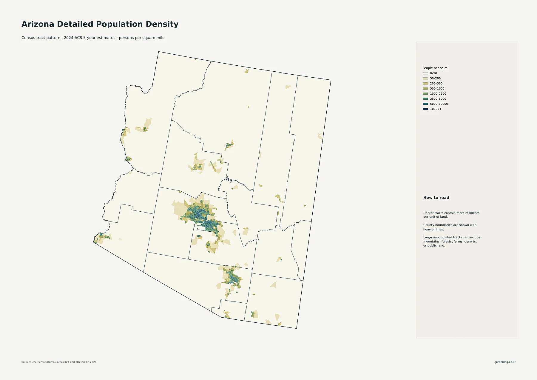 Arizona census tract population density map from the 2024 ACS showing the Phoenix and Tucson concentrations