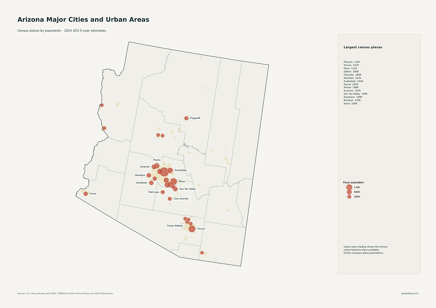 Arizona major cities and urban areas map comparing 2024 populations of Phoenix, Tucson, Mesa and other census places