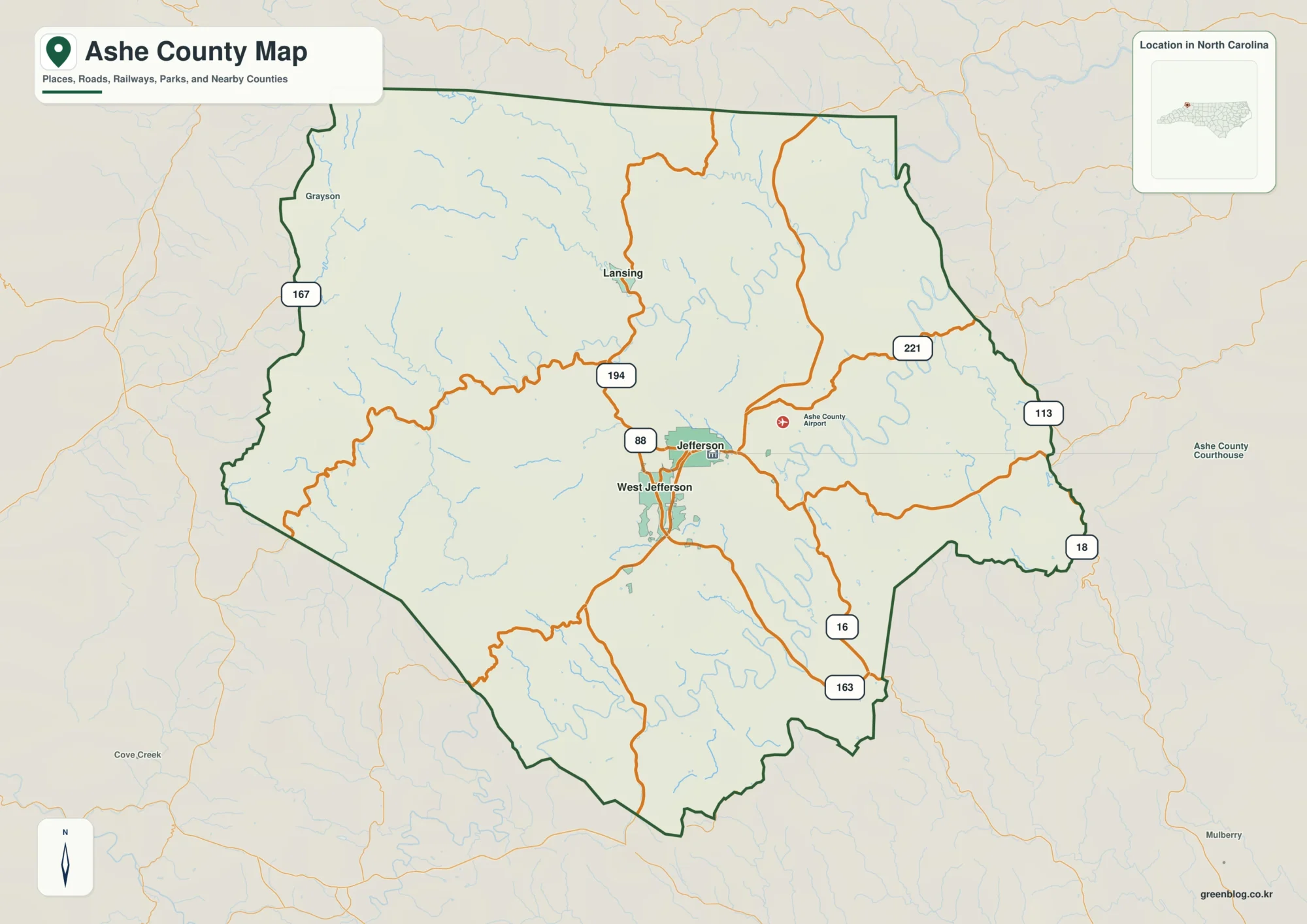 Ashe County North Carolina map with Jefferson and New River
