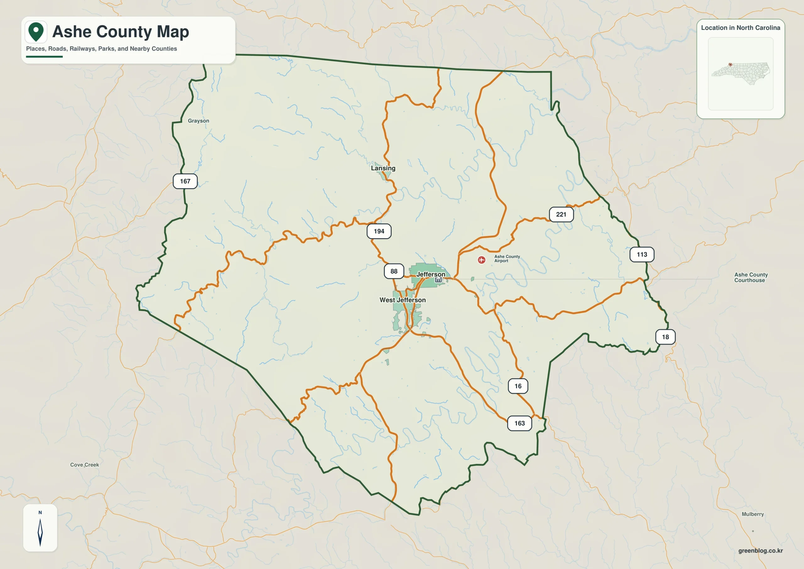Ashe County North Carolina map with Jefferson and New River