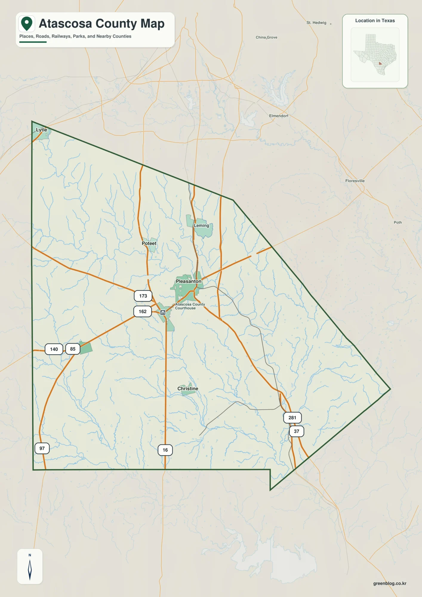 Atascosa County Texas map showing Jourdanton, Pleasanton, Poteet