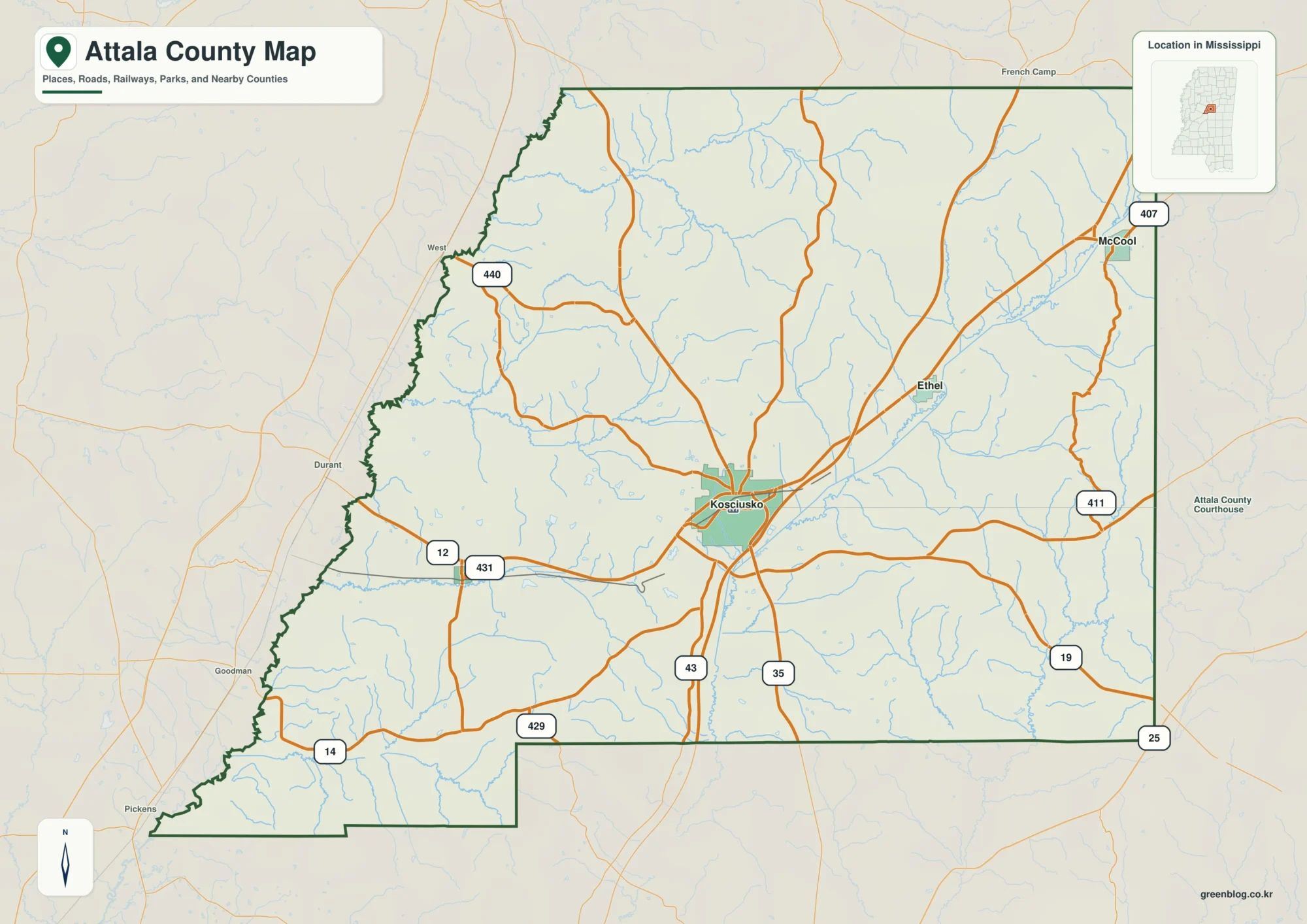Attala County Mississippi map showing Kosciusko, selected communities, roads, and natural features