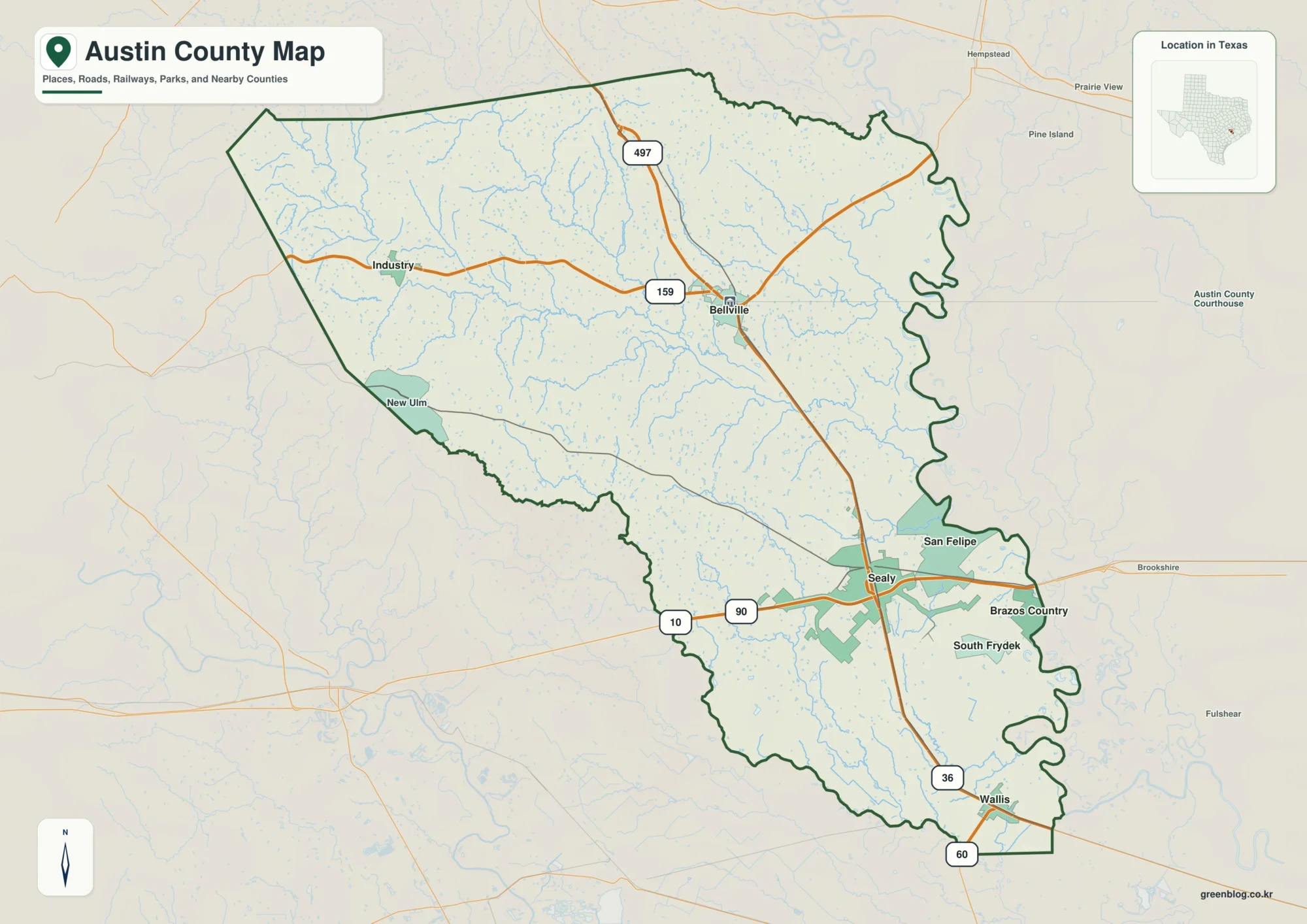 Austin County Texas map showing Bellville, Sealy, Wallis