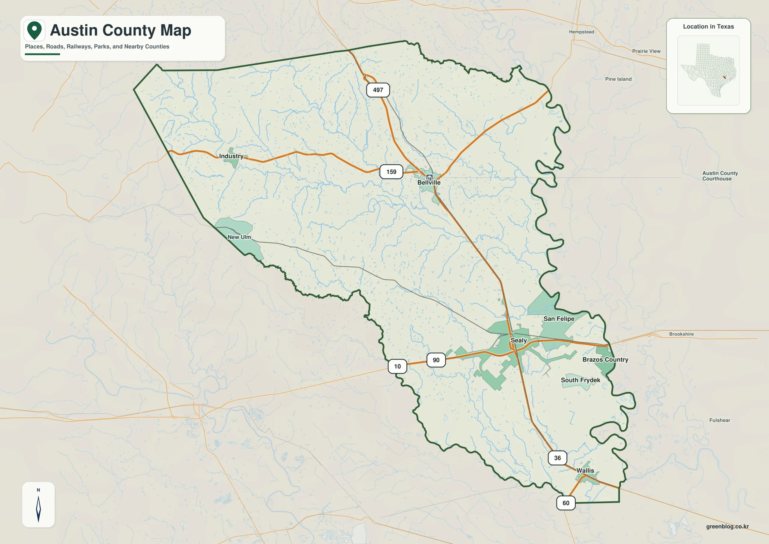 Austin County Texas map showing Bellville, Sealy, Wallis