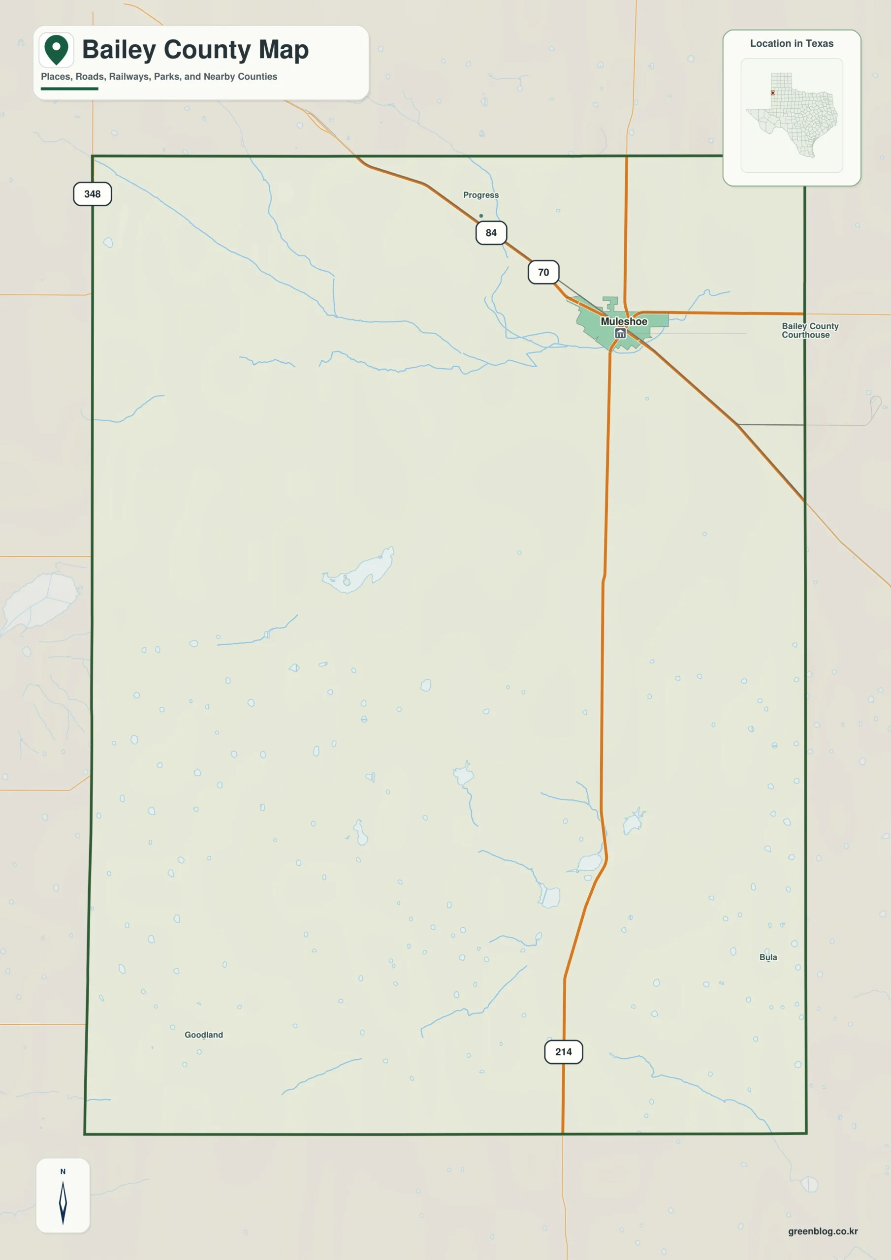 베일리 카운티 Bailey County 텍사스 지도에 뮬슈, 서클백, 에녹스가 표시된 지도