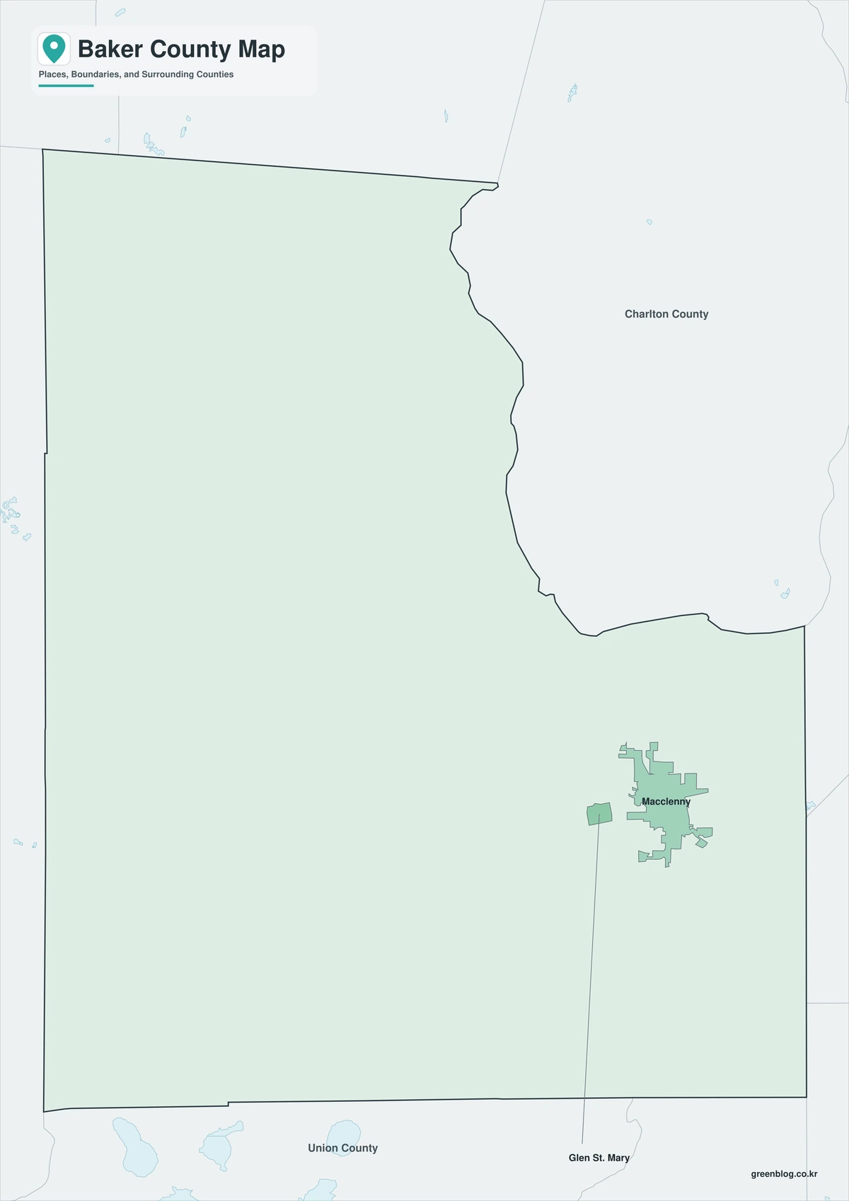 Color Baker County Florida map with selected communities and surrounding counties