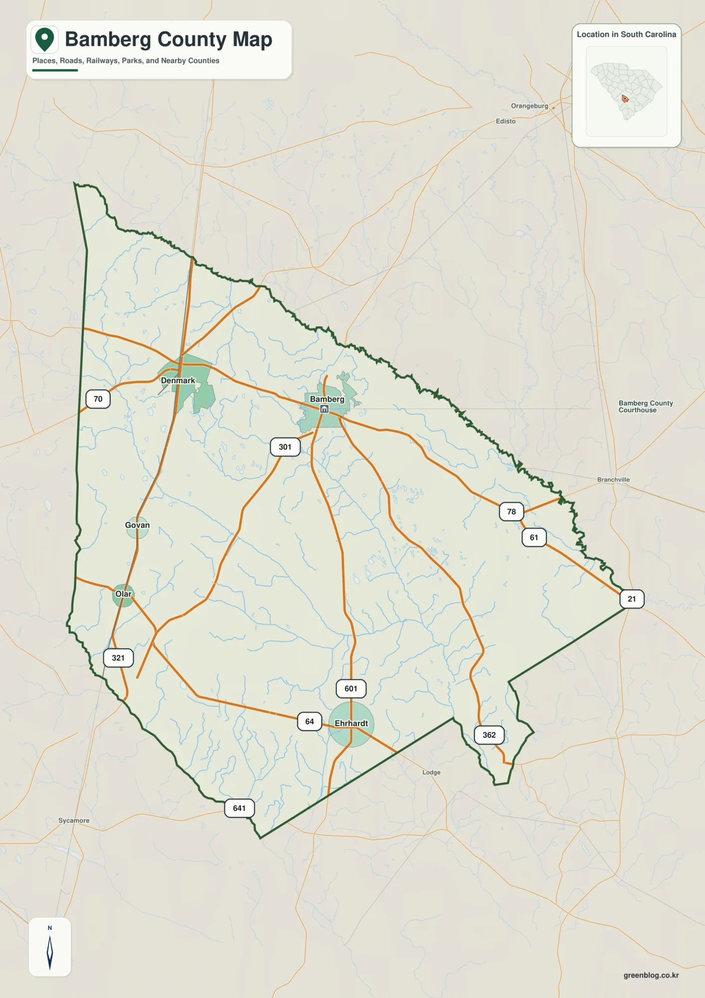 Bamberg County South Carolina map with the county boundary and reference names for Bamberg and Denmark