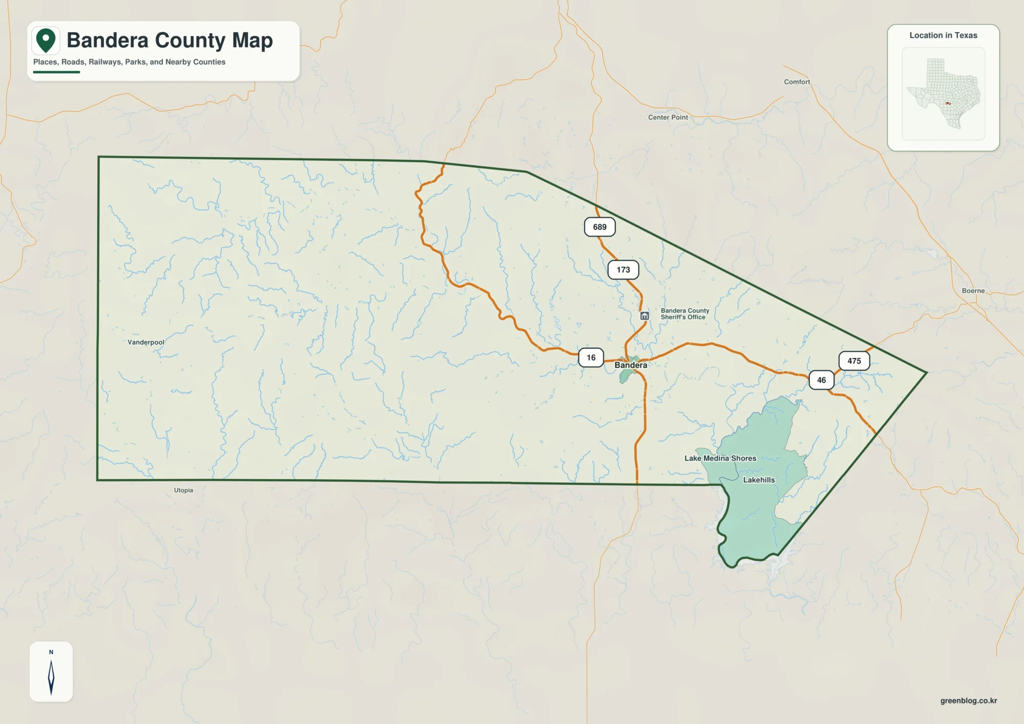 밴데라 카운티 Bandera County 텍사스 지도에 밴데라, 메디나, 레이크힐스가 표시된 지도