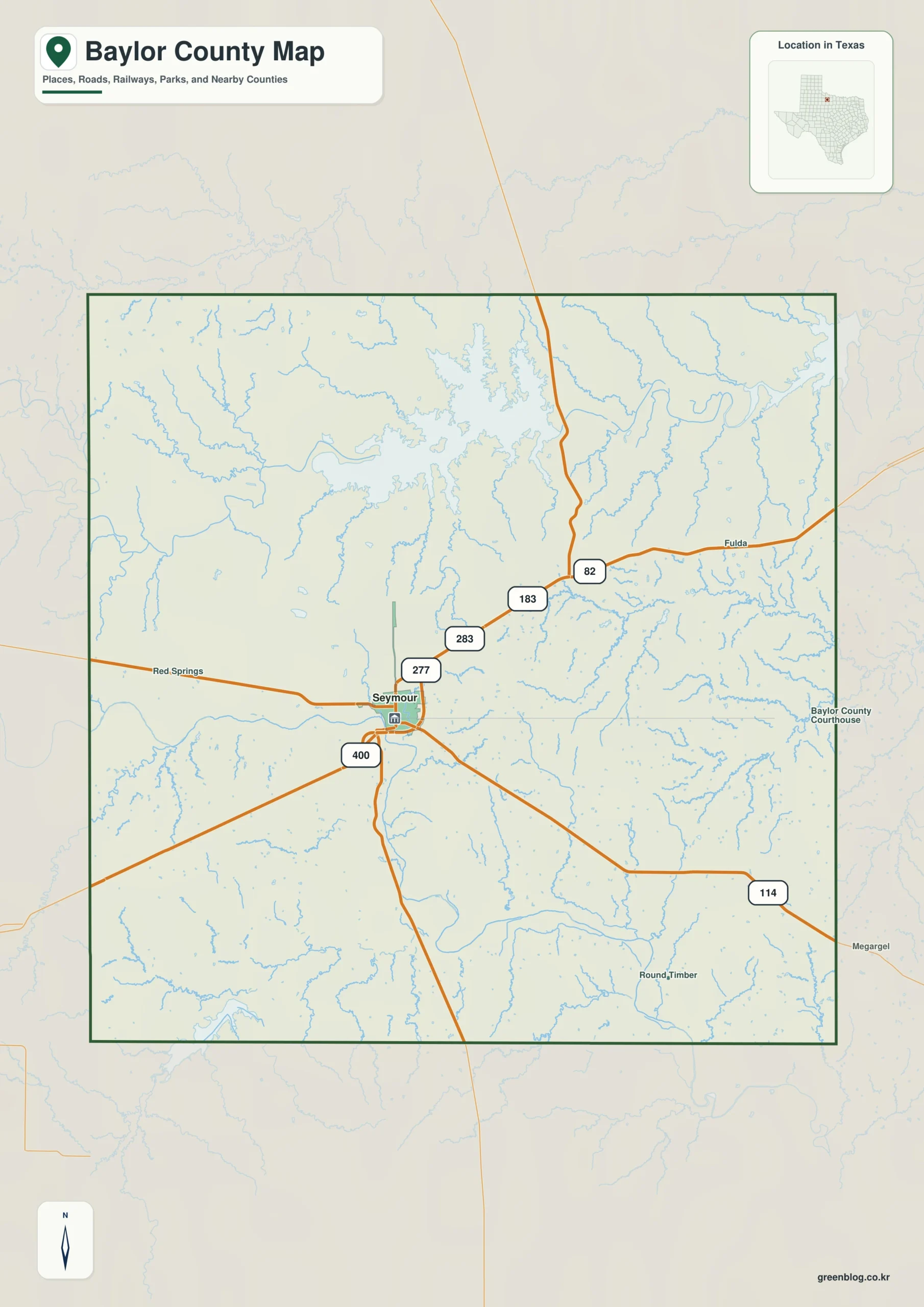 Baylor County Texas map showing Seymour and the Salt Fork Brazos River