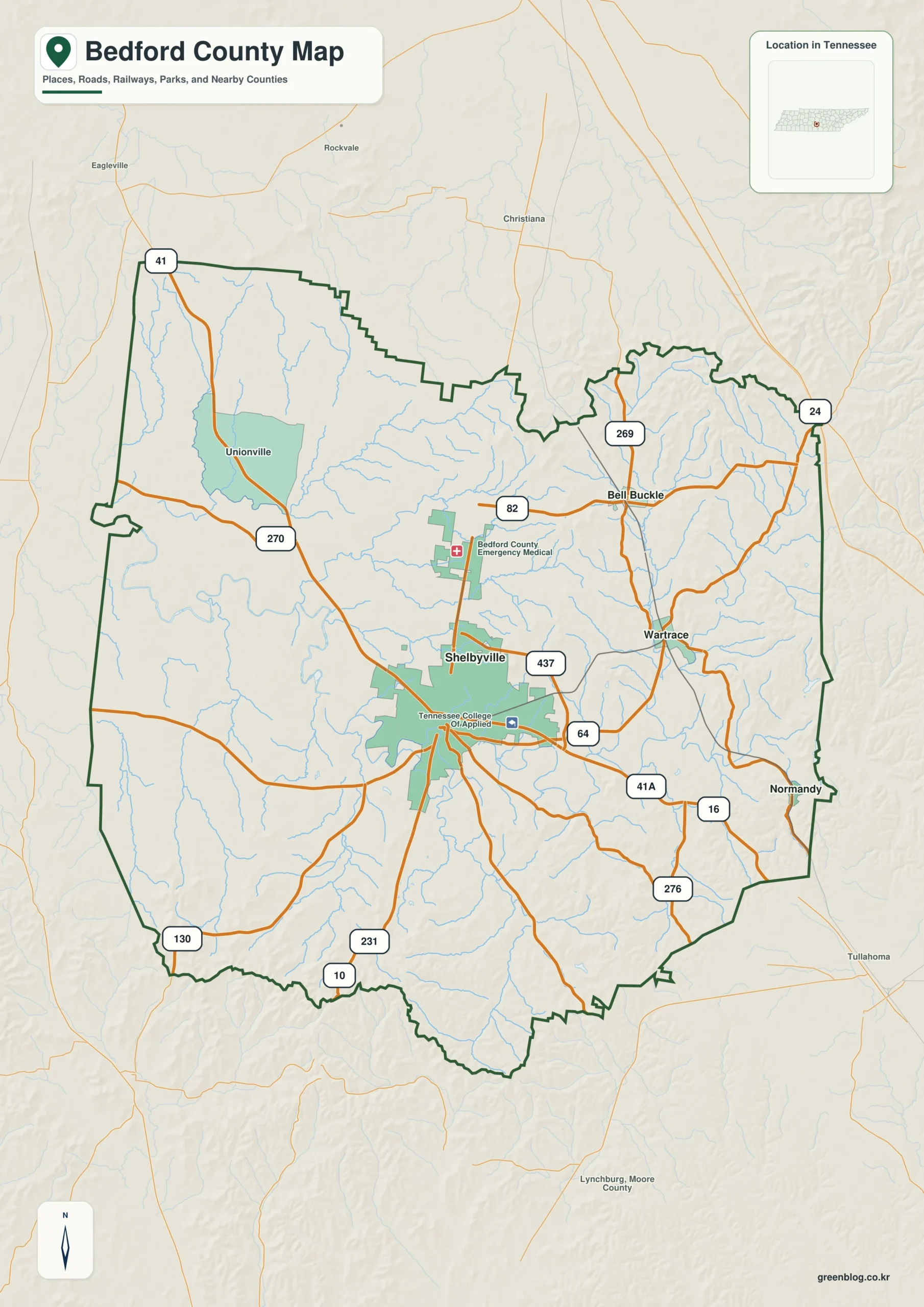 Bedford County Tennessee map showing Shelbyville, selected communities, roads, and natural features